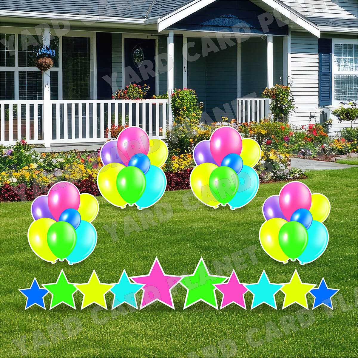 Multi Neon Colored Balloon Bouquets and Stars Yard Card Set