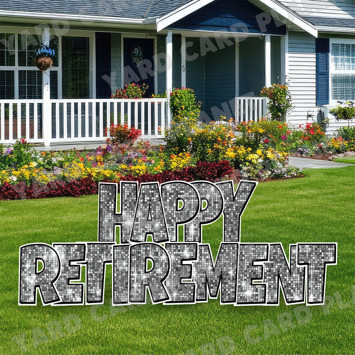 Large 23.5" Happy Retirement Yard Card EZ Quick Sets in Luckiest Guy Font in Sequin Pattern - (Available in Multiple Colors)