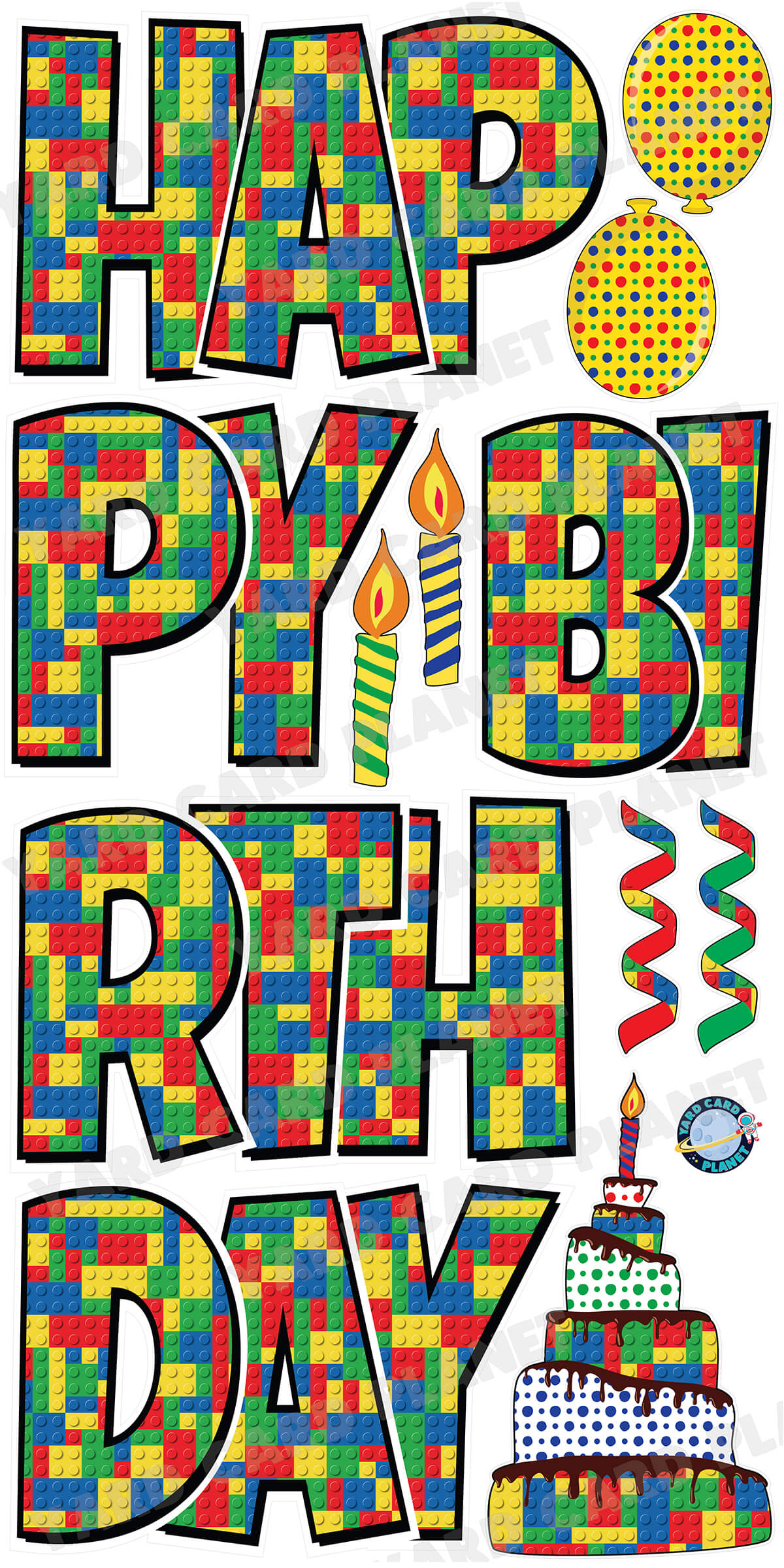 Large 23.5" Building Block Inspired Happy Birthday Yard Card EZ Quick Set in Luckiest Guy Font and Birthday Flair