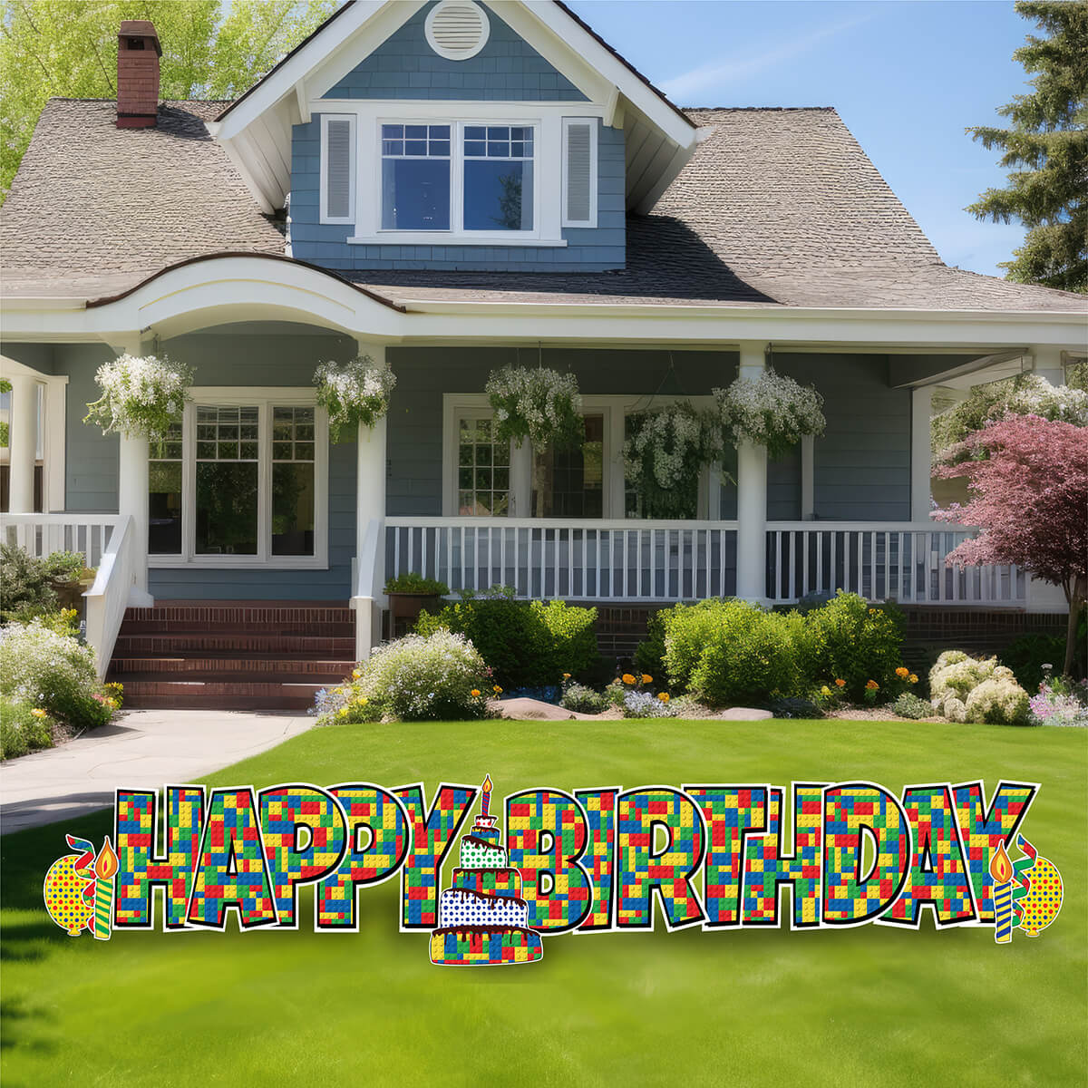 Large 23.5" Building Block Inspired Happy Birthday Yard Card EZ Quick Set in Luckiest Guy Font and Birthday Flair