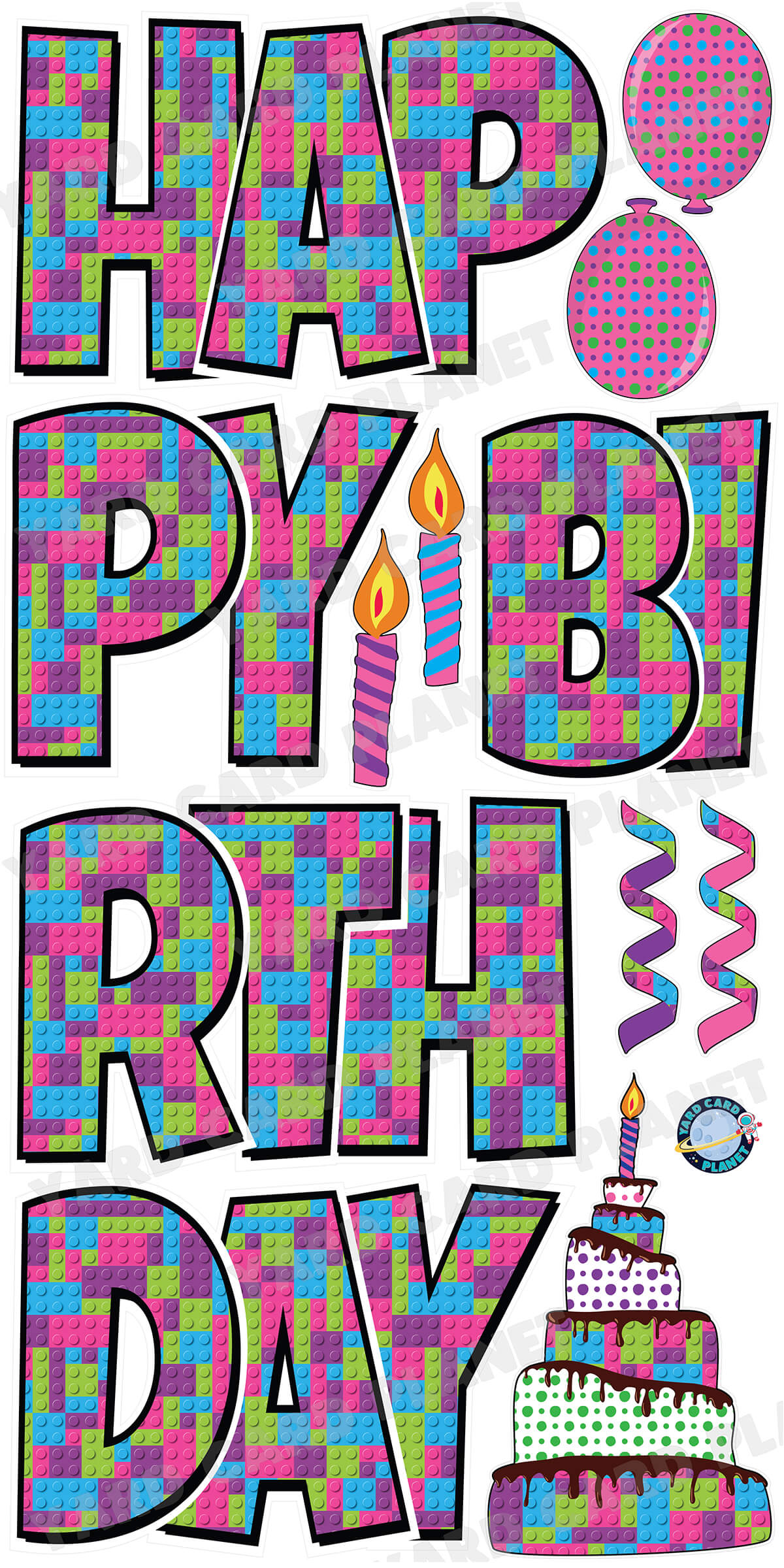 Large 23.5" Building Block Girly Happy Birthday Yard Card EZ Quick Set in Luckiest Guy Font and Birthday Flair