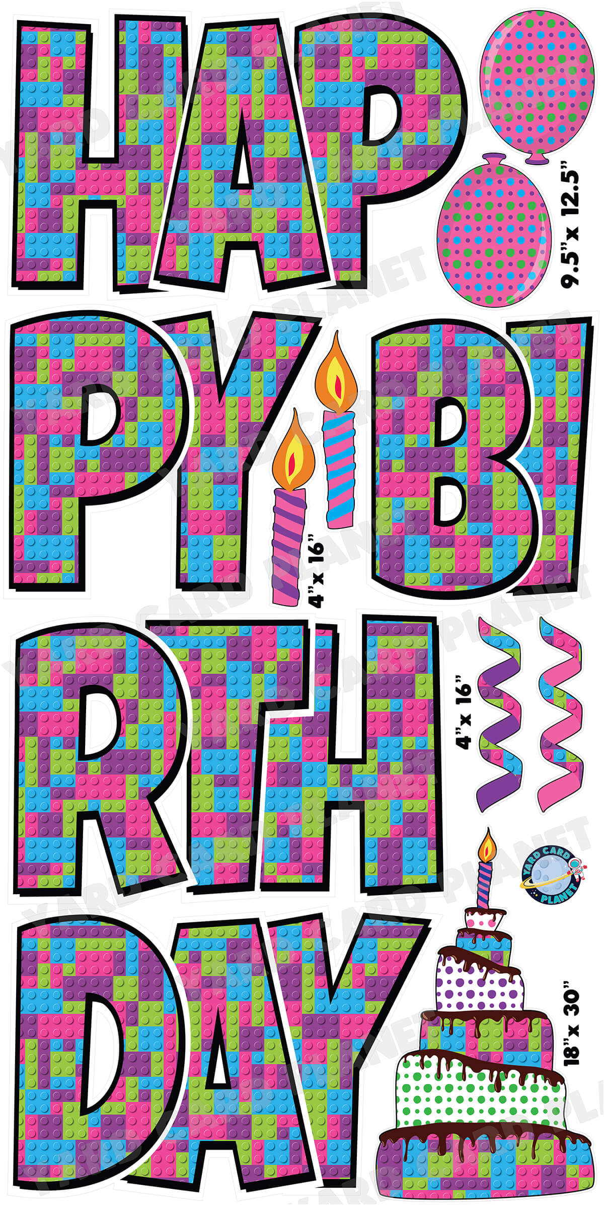 Large 23.5" Building Block Girly Happy Birthday Yard Card EZ Quick Set in Luckiest Guy Font and Birthday Flair