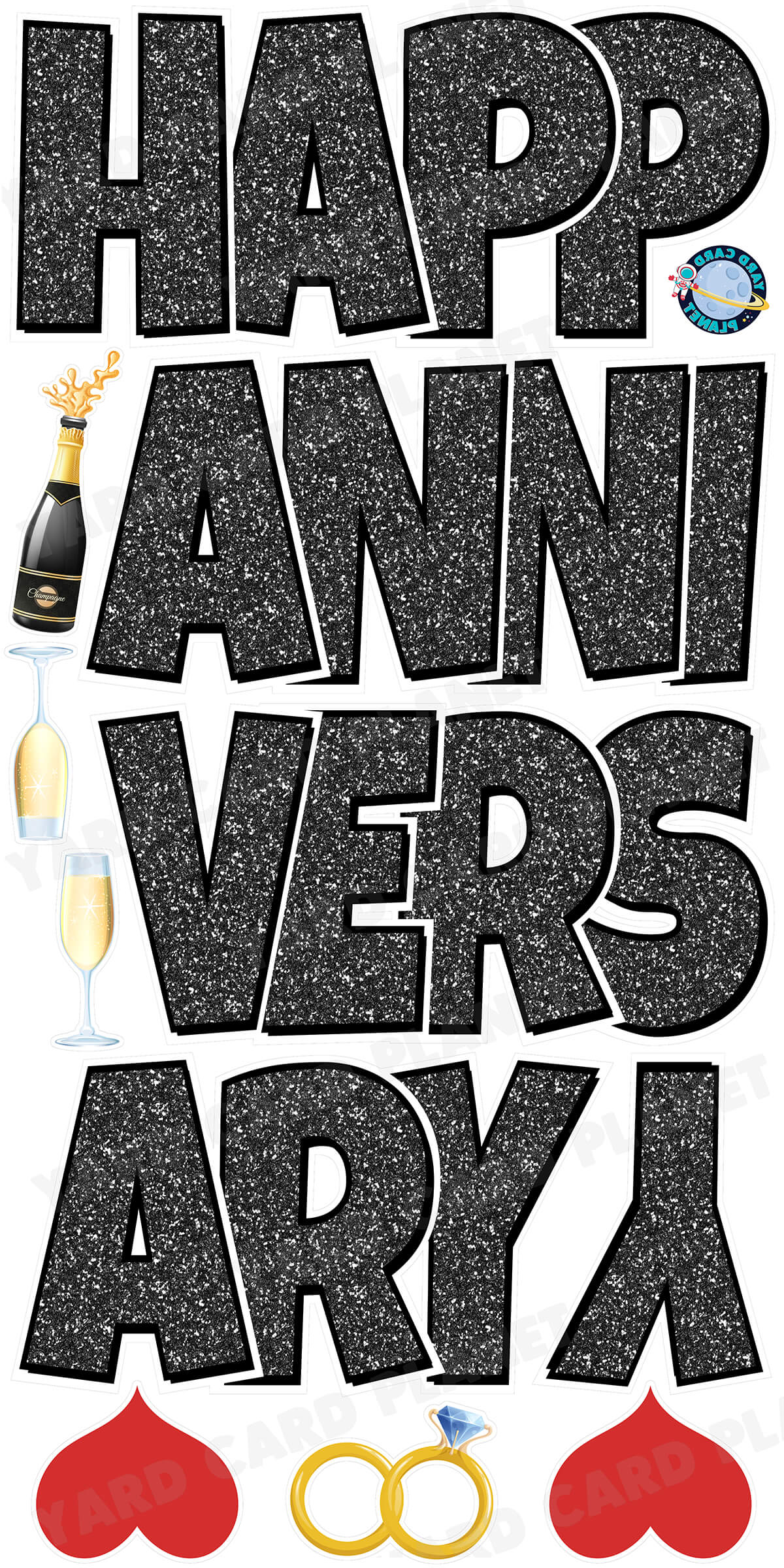 Large 21" Happy Anniversary Yard Card EZ Quick Sets in Luckiest Guy Font in Glitter Pattern - (Available in Multiple Colors)