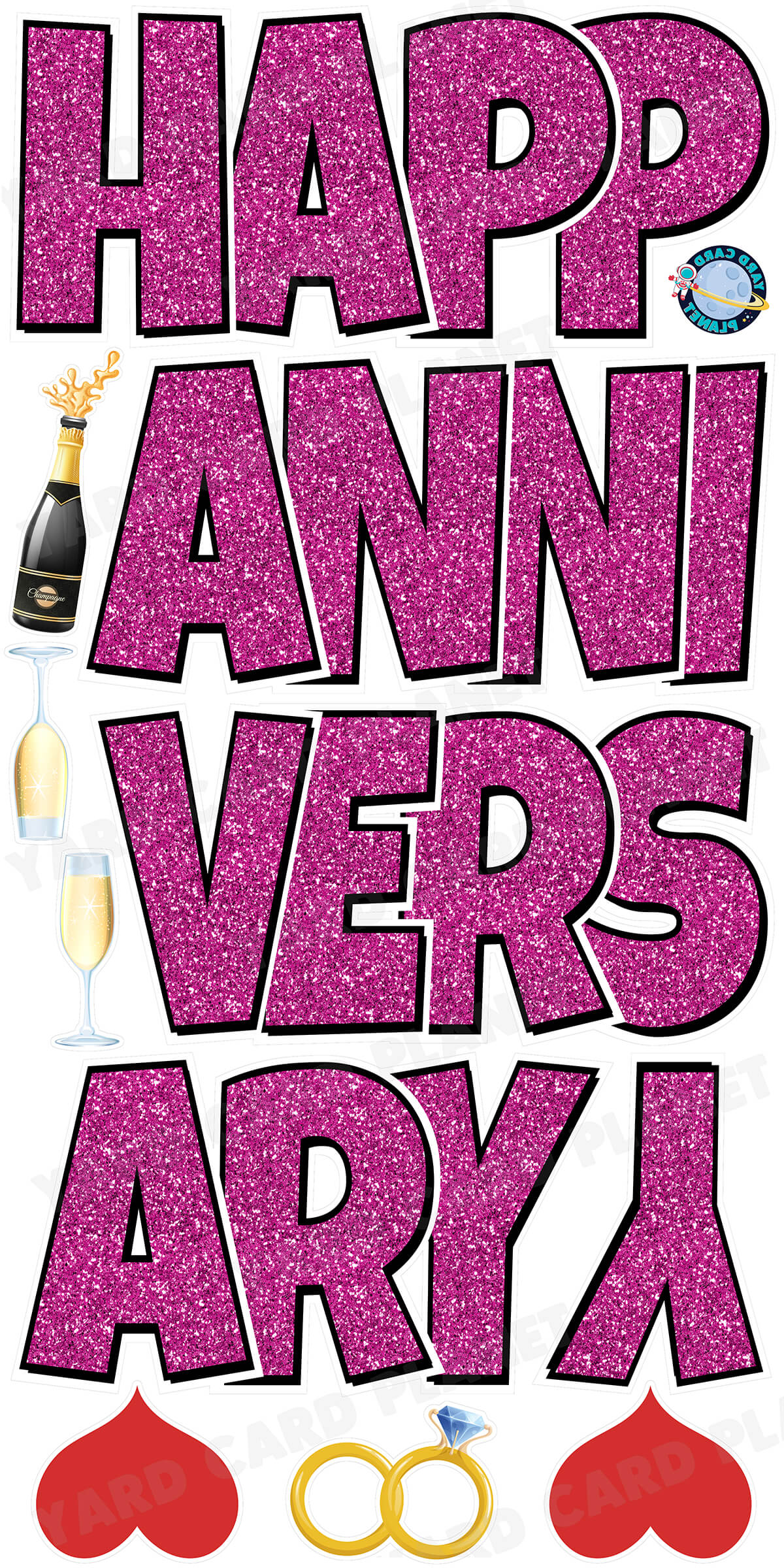 Large 21" Happy Anniversary Yard Card EZ Quick Sets in Luckiest Guy Font in Glitter Pattern - (Available in Multiple Colors)