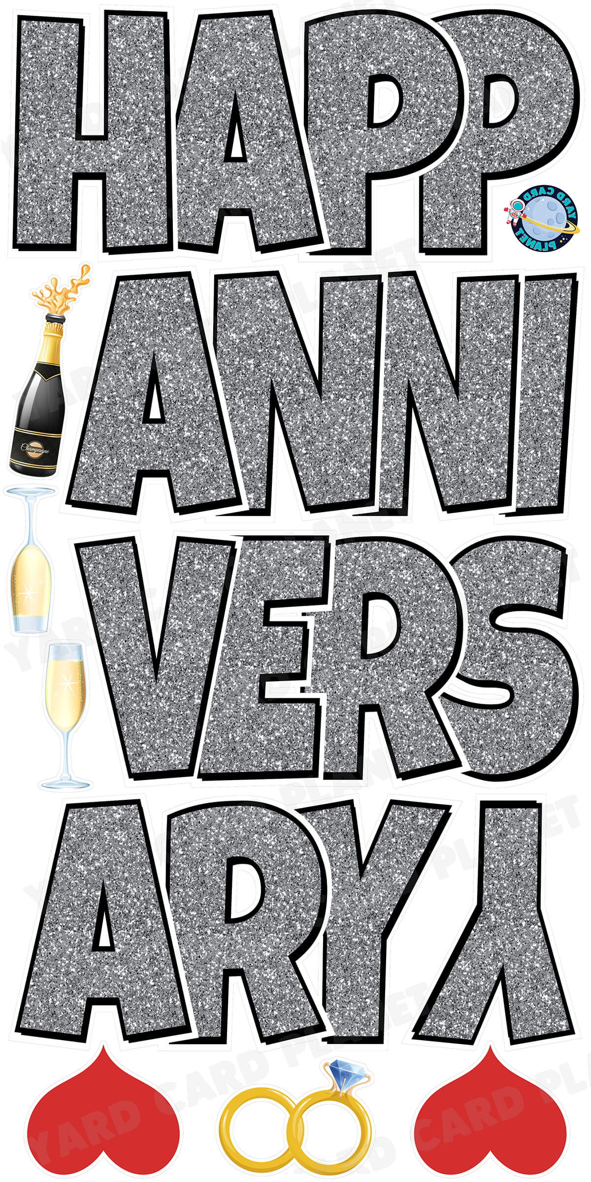 Large 21" Happy Anniversary Yard Card EZ Quick Sets in Luckiest Guy Font in Glitter Pattern - (Available in Multiple Colors)