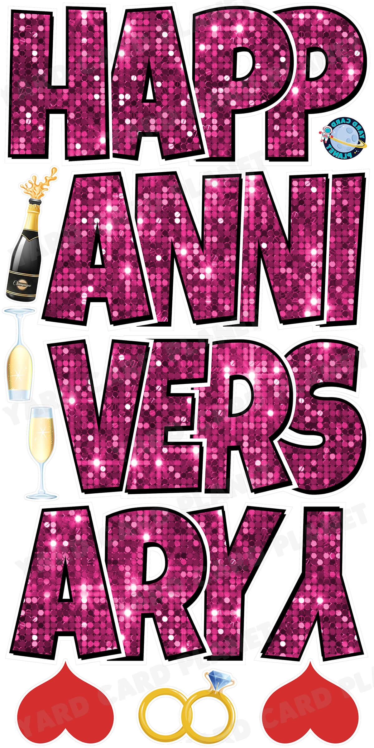 Large 21" Happy Anniversary Yard Card EZ Quick Sets in Luckiest Guy Font in Sequin Pattern - (Available in Multiple Colors)