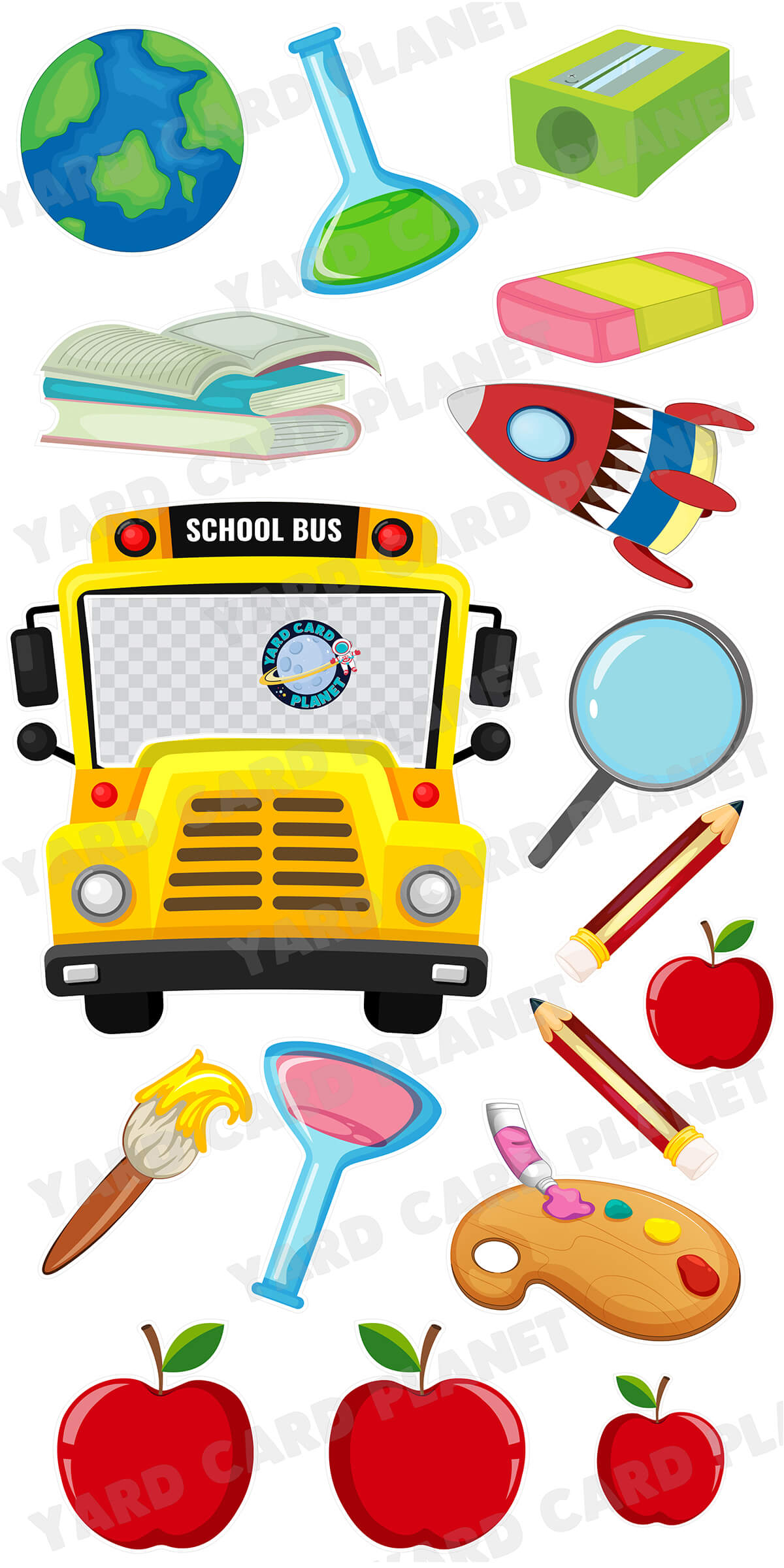 School Bus EZ Quick Frame and School Supplies Yard Card Flair Set