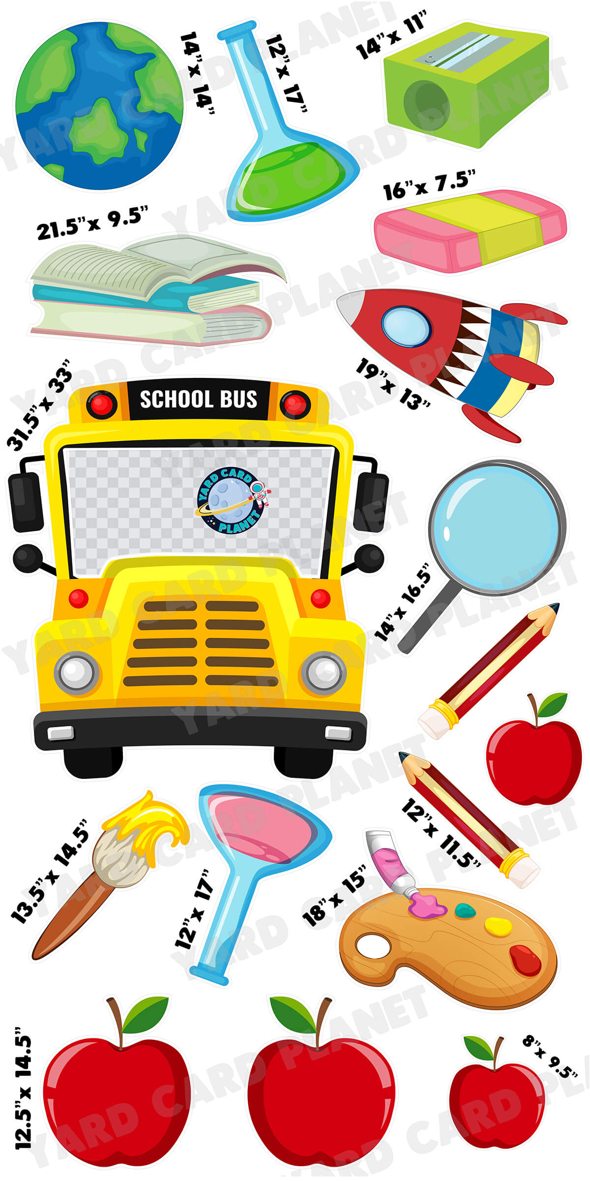 School Bus EZ Quick Frame and School Supplies Yard Card Flair Set