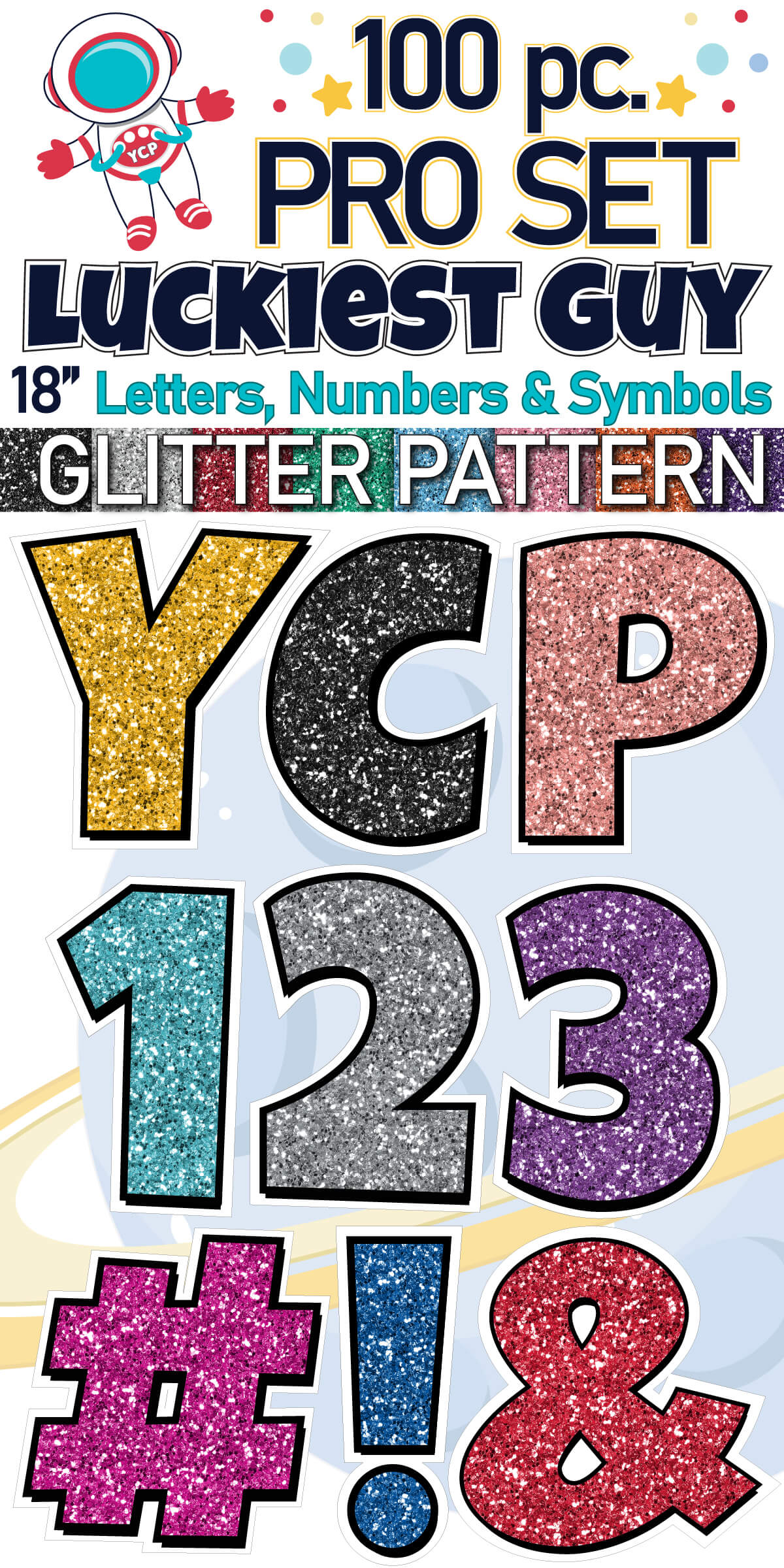 18" Luckiest Guy 100 pc. Letters, Numbers and Symbols Pro Set in Glitter Pattern