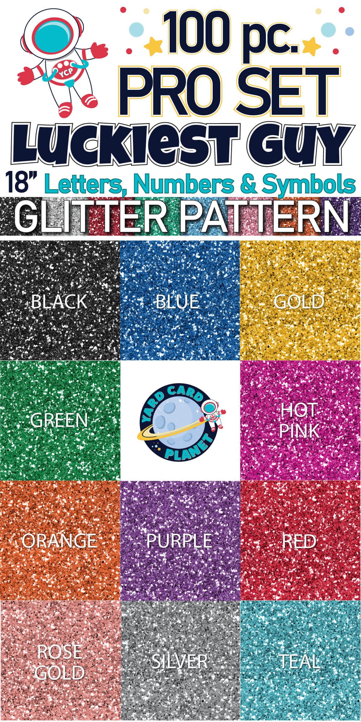 18" Luckiest Guy 100 pc. Letters, Numbers and Symbols Pro Set in Glitter Pattern