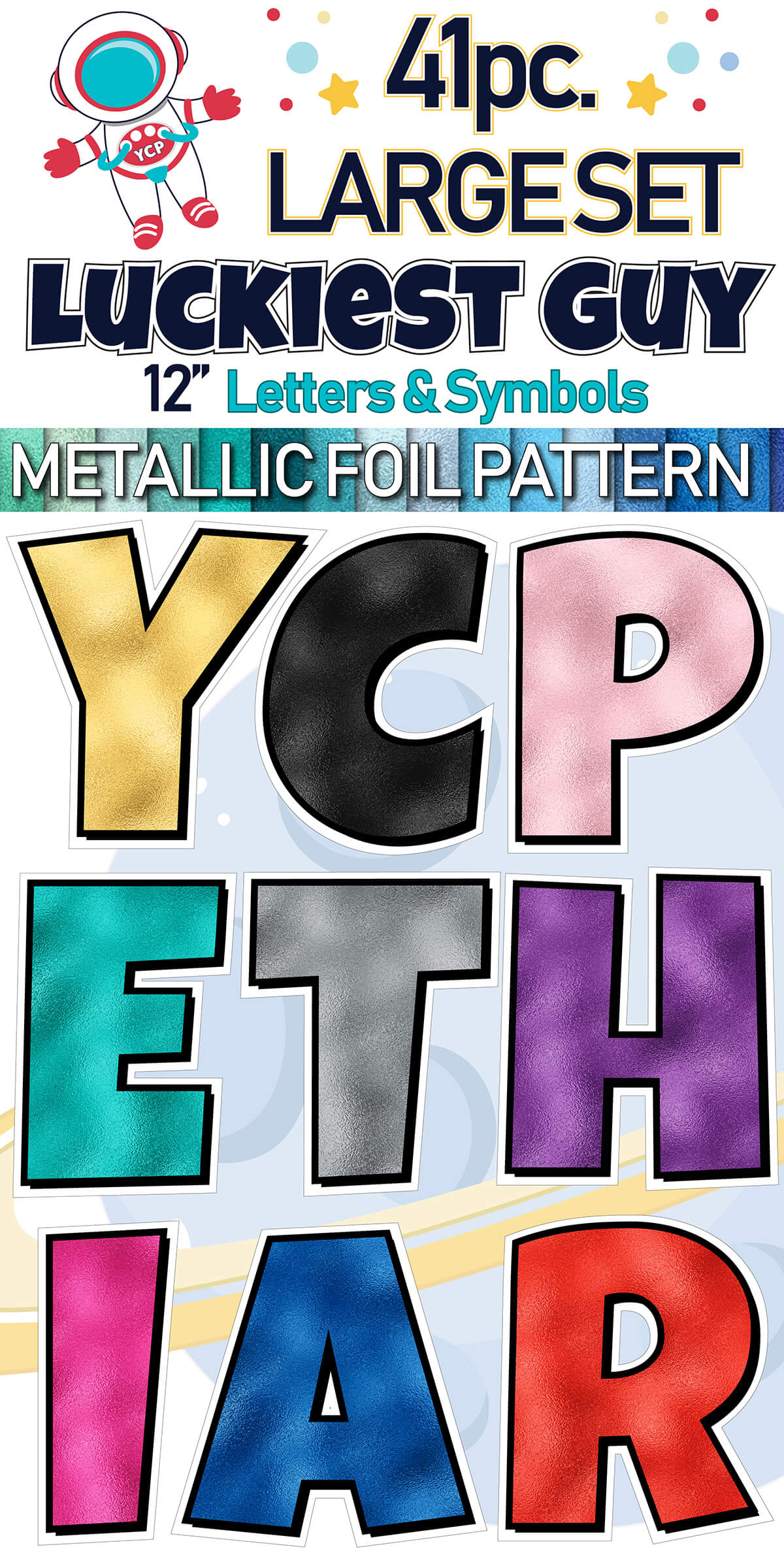 12" Luckiest Guy 41 pc. Letters and Symbols Set in Metallic Foil Pattern