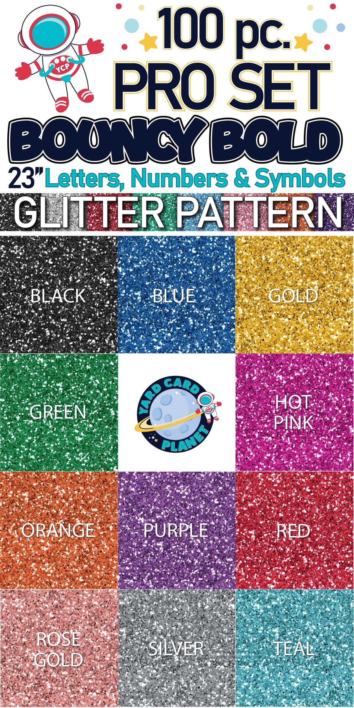 23" Bouncy Bold BB 100 pc. Letters, Numbers and Symbols Pro Set in Glitter Pattern