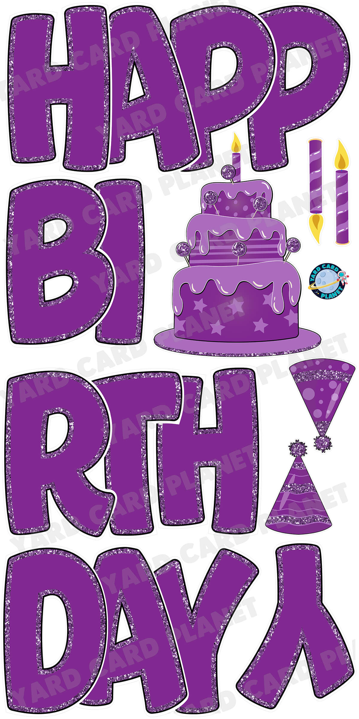 Large 23" Purple Happy Birthday Yard Card EZ Quick Sets in Bouncy Bold Font and Birthday Flair