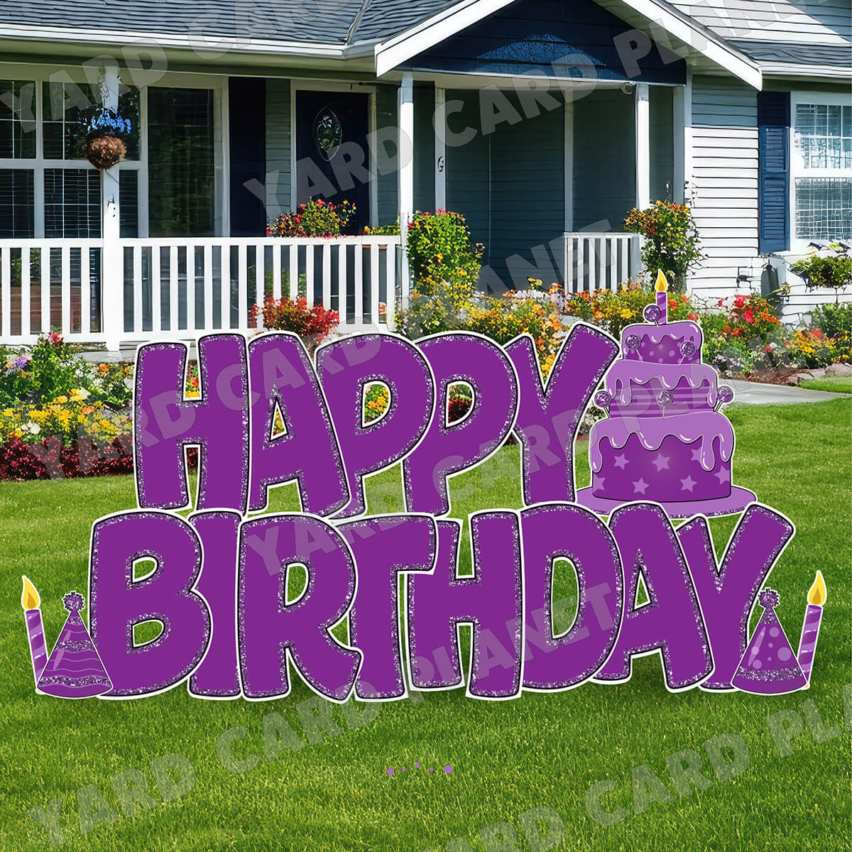 Large 23" Purple Happy Birthday Yard Card EZ Quick Sets in Bouncy Bold Font and Birthday Flair