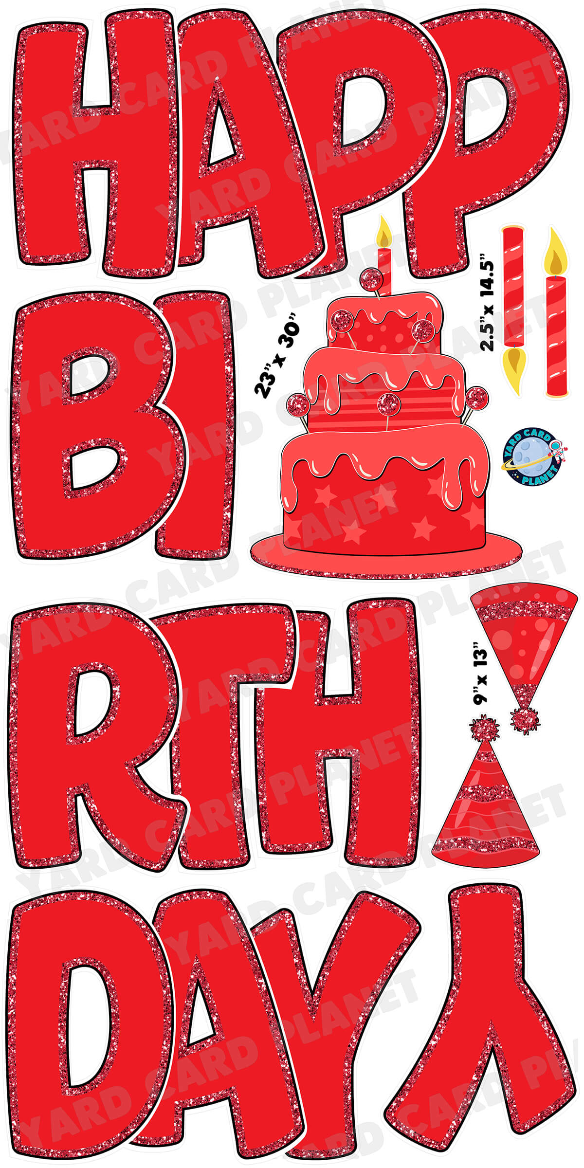 Large 23" Red Happy Birthday Yard Card EZ Quick Sets in Bouncy Bold Font and Birthday Flair