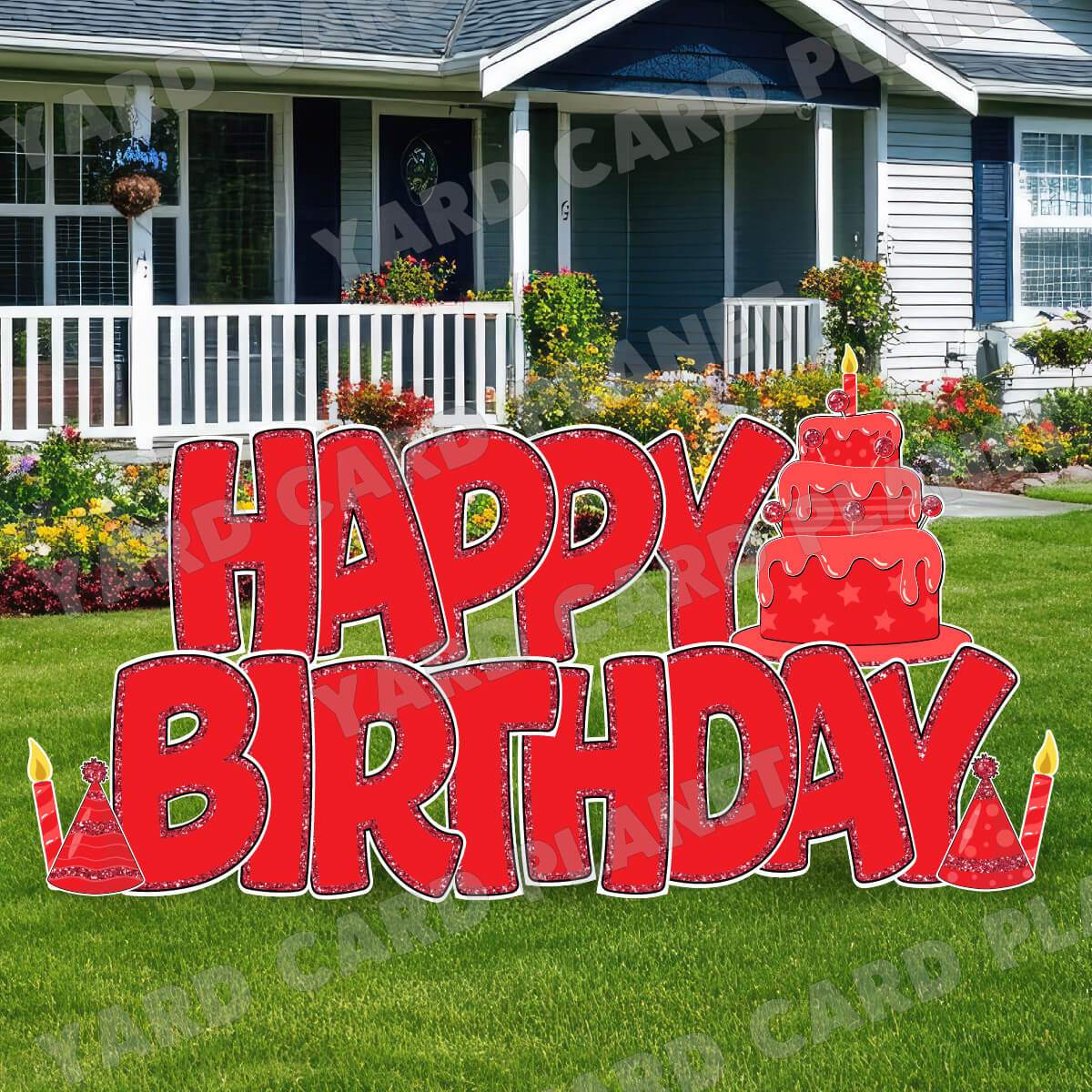 Large 23" Red Happy Birthday Yard Card EZ Quick Sets in Bouncy Bold Font and Birthday Flair