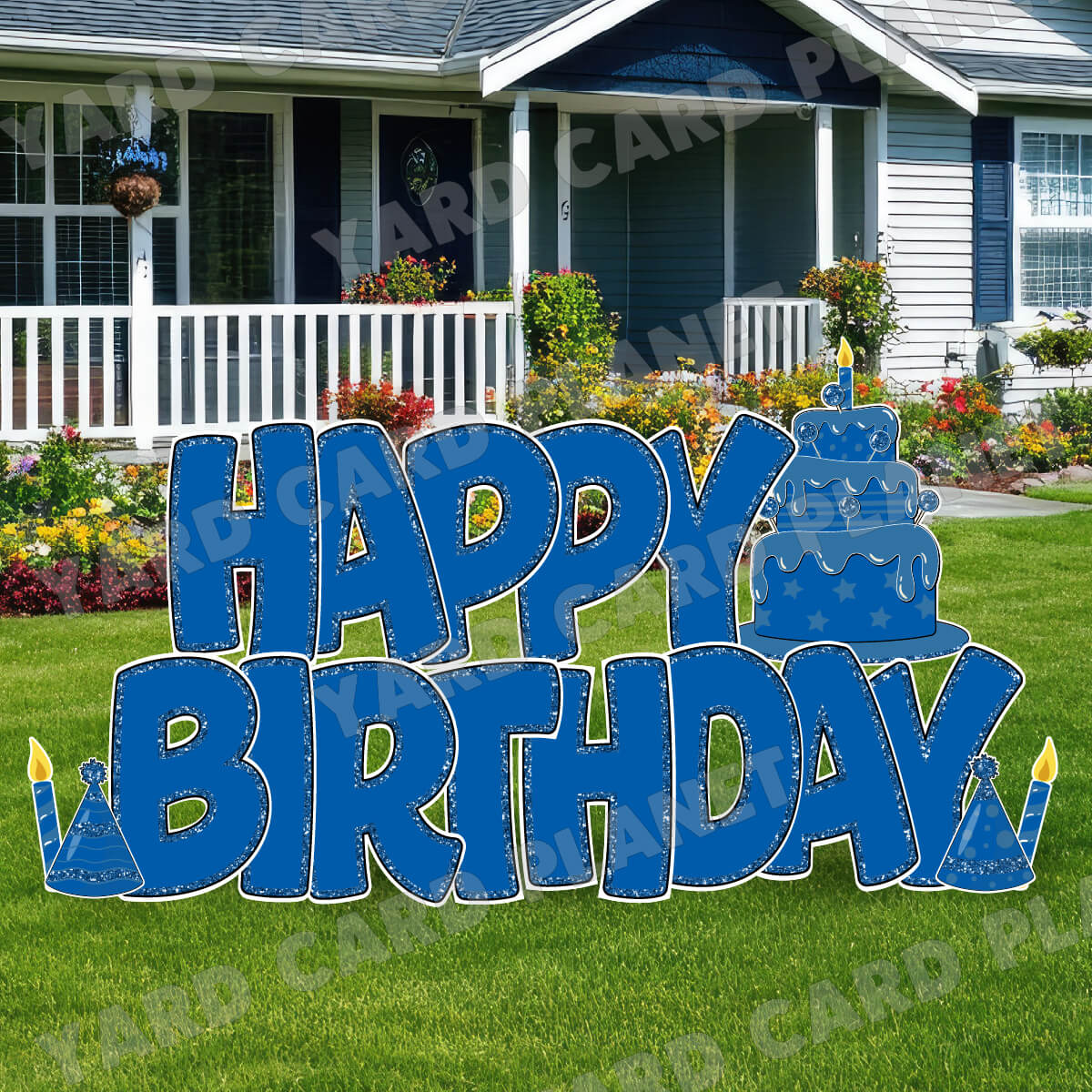 Large 23" Blue Happy Birthday Yard Card EZ Quick Sets in Bouncy Bold Font and Birthday Flair