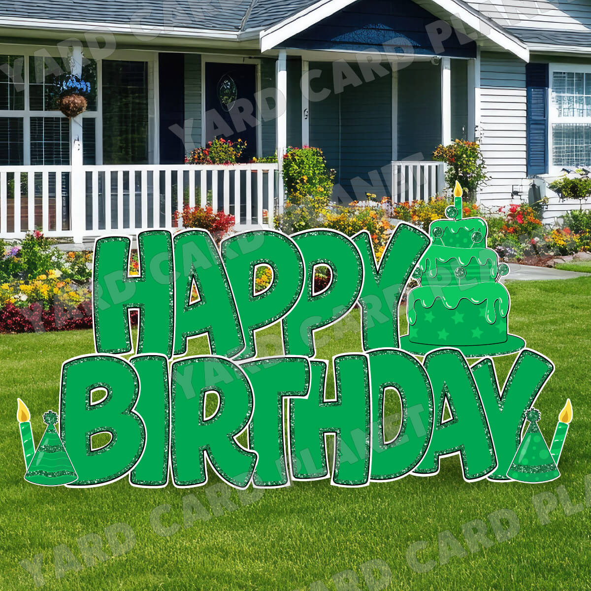 Large 23" Green Happy Birthday Yard Card EZ Quick Sets in Bouncy Bold Font and Birthday Flair