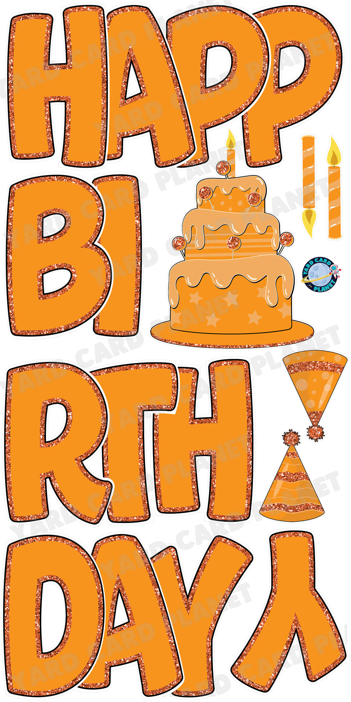 Large 23" Orange Happy Birthday Yard Card EZ Quick Sets in Bouncy Bold Font and Birthday Flair