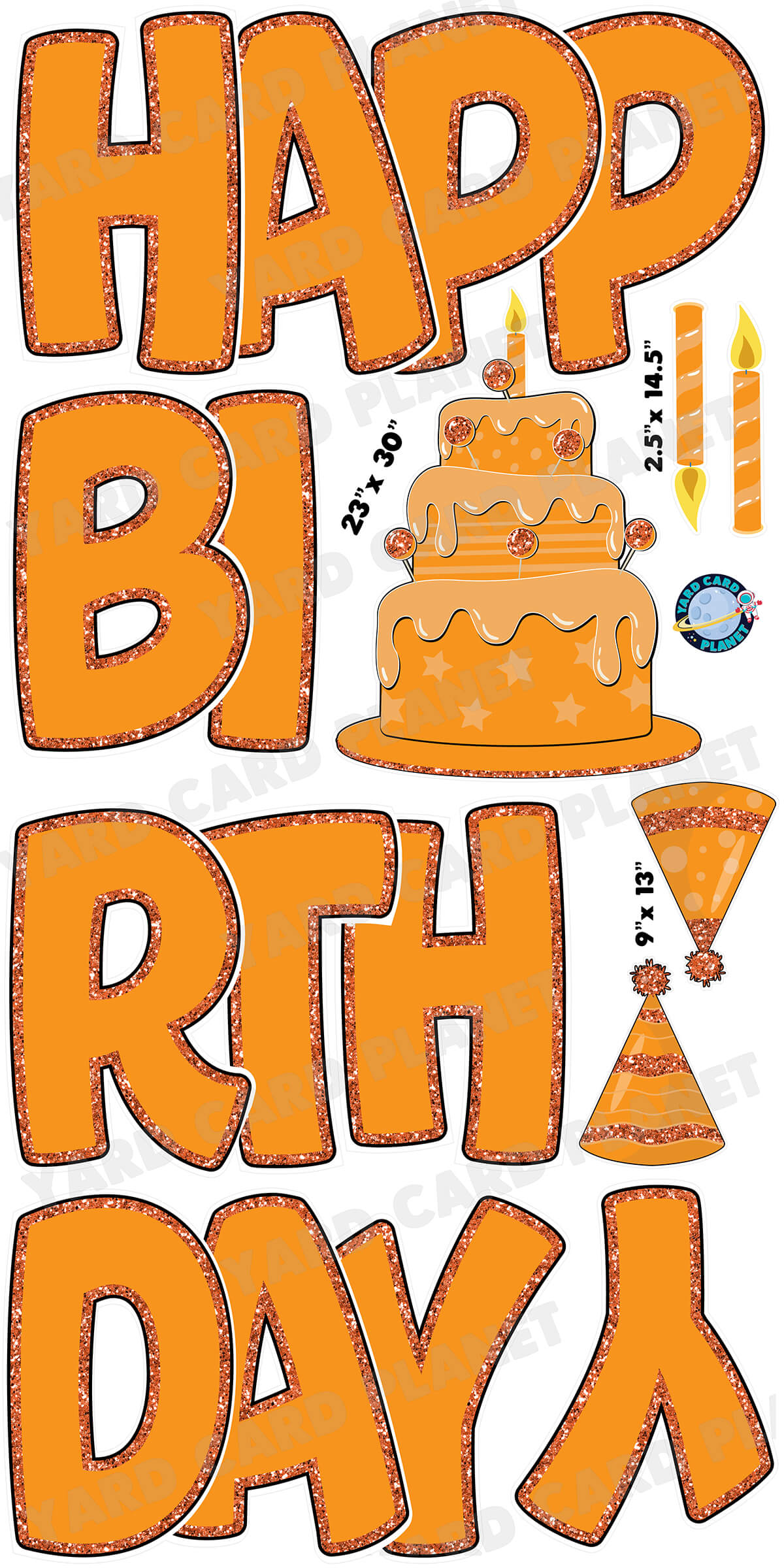Large 23" Orange Happy Birthday Yard Card EZ Quick Sets in Bouncy Bold Font and Birthday Flair