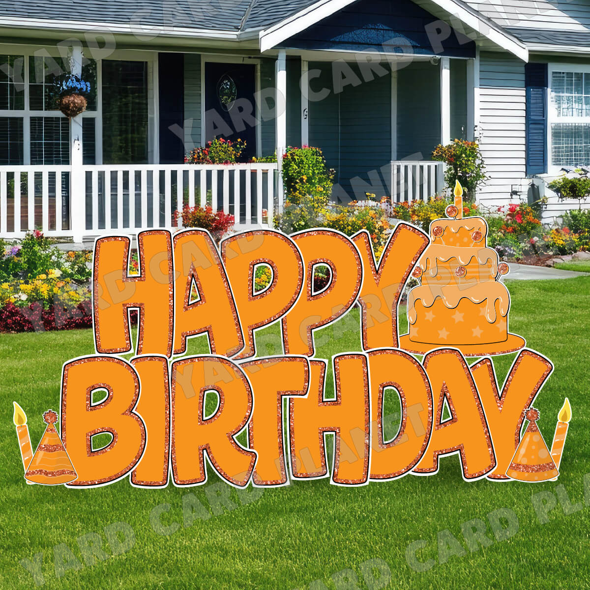 Large 23" Orange Happy Birthday Yard Card EZ Quick Sets in Bouncy Bold Font and Birthday Flair