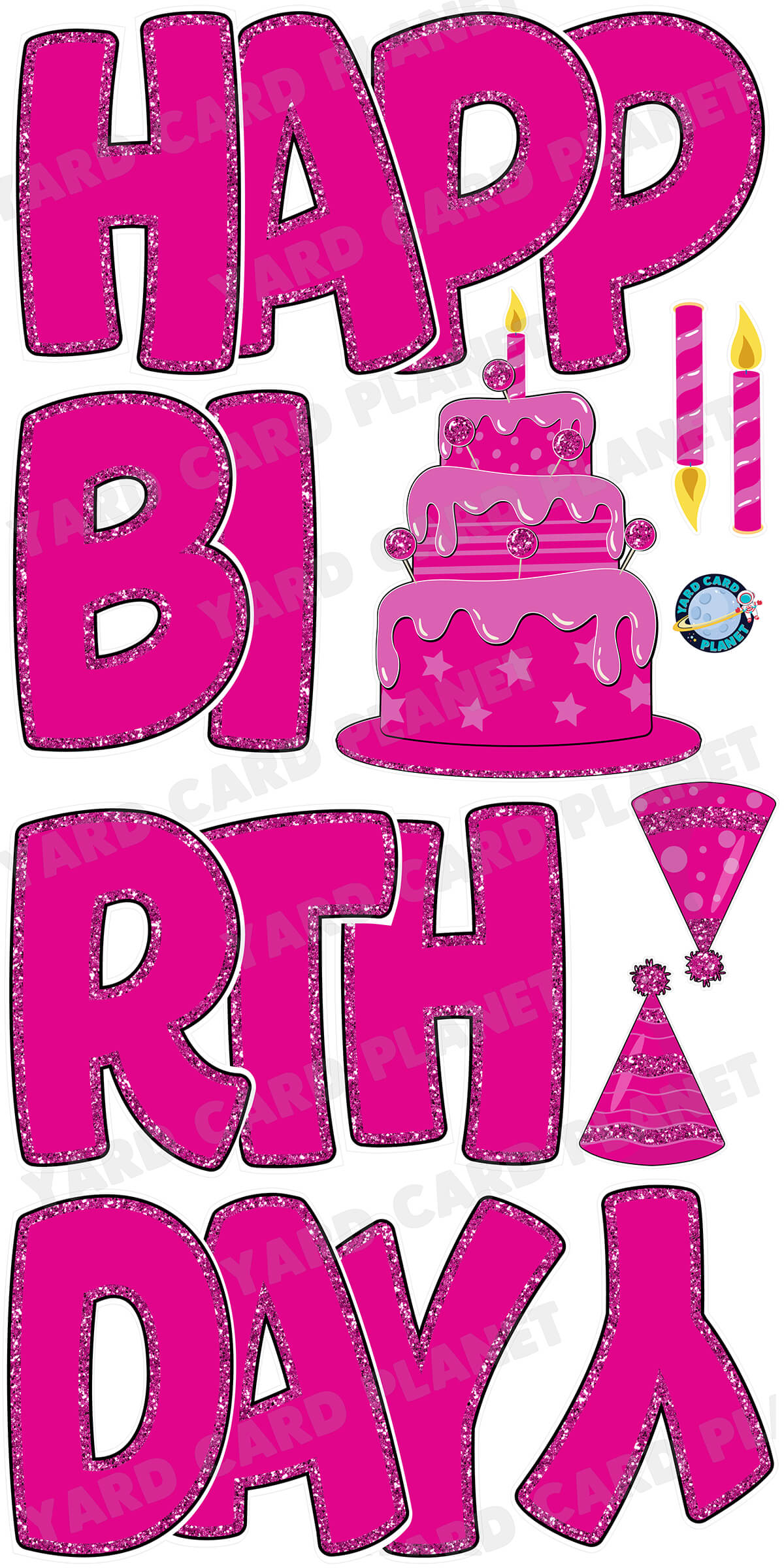 Large 23" Hot Pink Happy Birthday Yard Card EZ Quick Sets in Bouncy Bold Font and Birthday Flair
