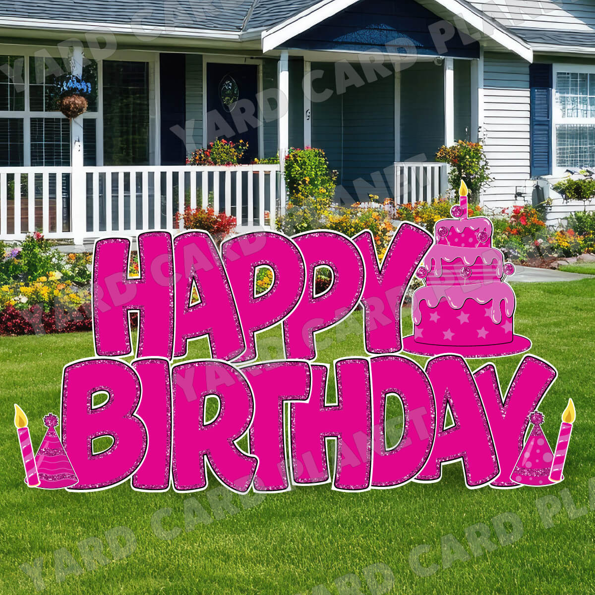 Large 23" Hot Pink Happy Birthday Yard Card EZ Quick Sets in Bouncy Bold Font and Birthday Flair