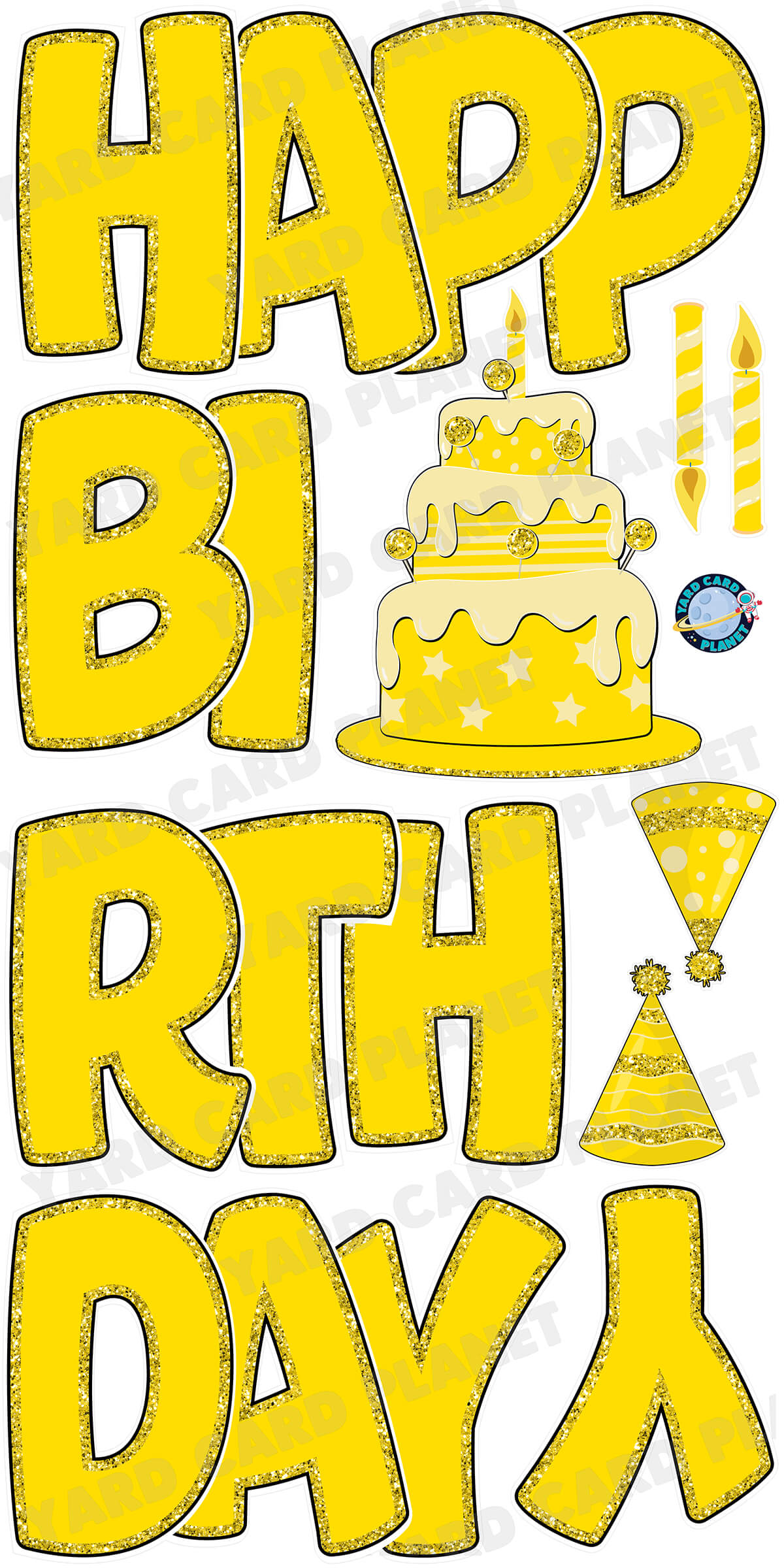 Large 23" Yellow Happy Birthday Yard Card EZ Quick Sets in Bouncy Bold Font and Birthday Flair