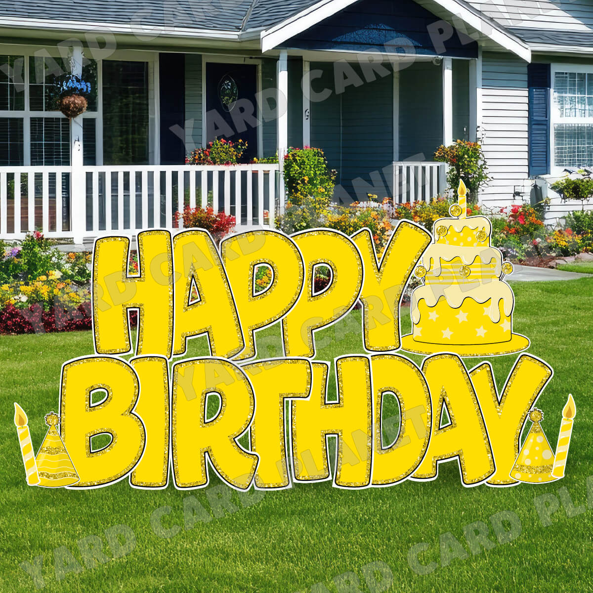 Large 23" Yellow Happy Birthday Yard Card EZ Quick Sets in Bouncy Bold Font and Birthday Flair
