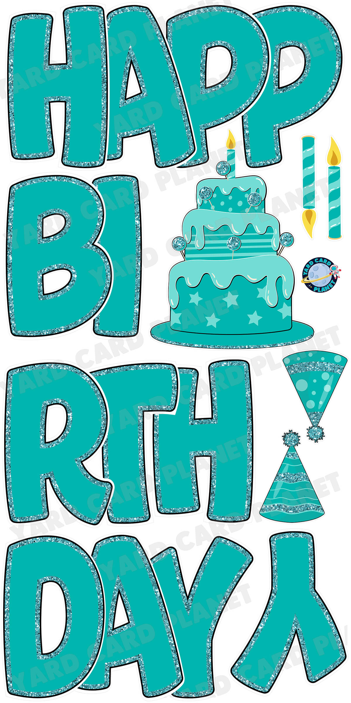 Large 23" Teal Happy Birthday Yard Card EZ Quick Sets in Bouncy Bold Font and Birthday Flair