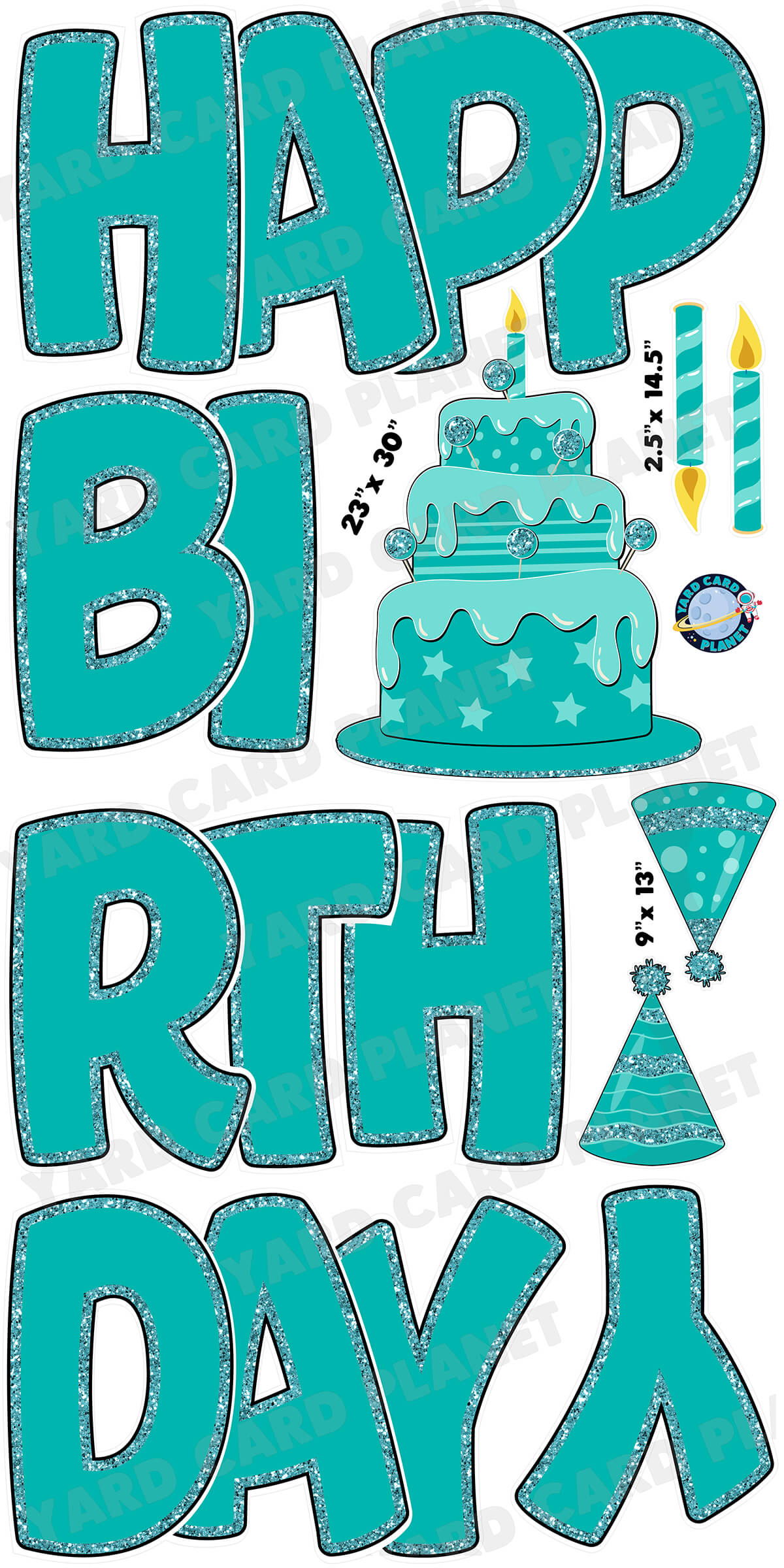 Large 23" Teal Happy Birthday Yard Card EZ Quick Sets in Bouncy Bold Font and Birthday Flair
