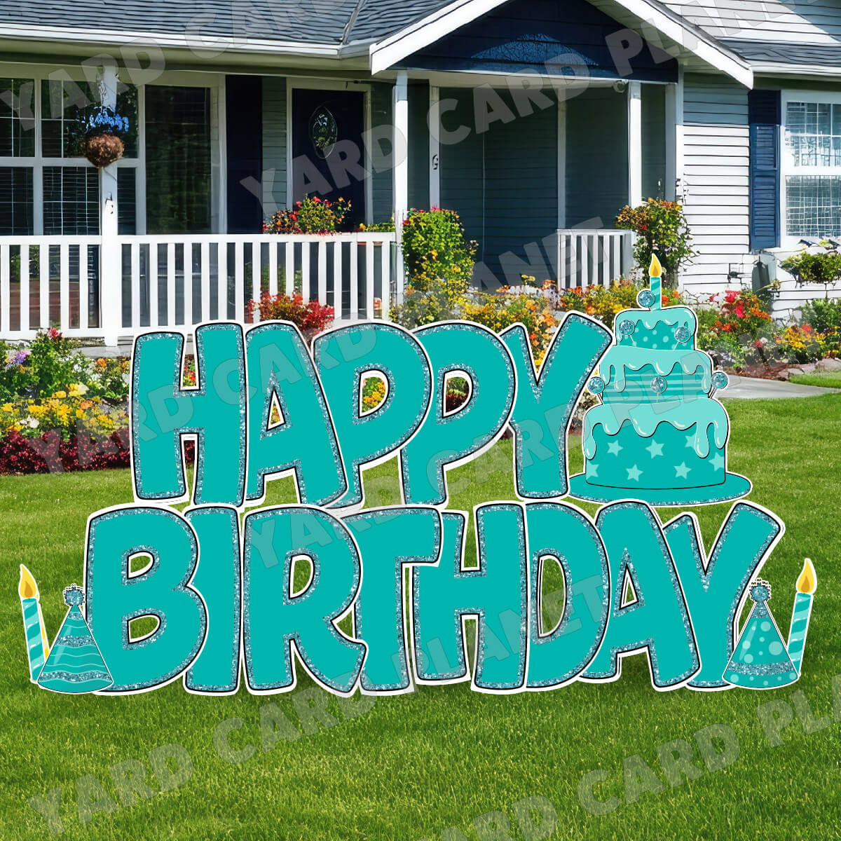 Large 23" Teal Happy Birthday Yard Card EZ Quick Sets in Bouncy Bold Font and Birthday Flair
