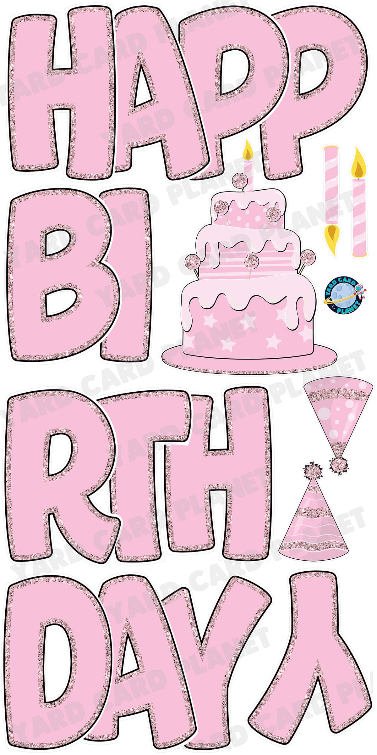Large 23" Light Pink Happy Birthday Yard Card EZ Quick Sets in Bouncy Bold Font and Birthday Flair