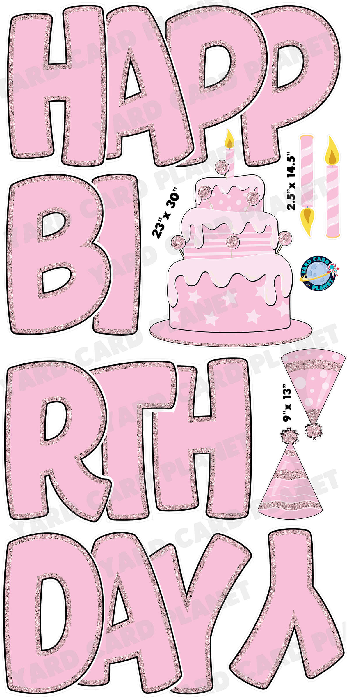 Large 23" Light Pink Happy Birthday Yard Card EZ Quick Sets in Bouncy Bold Font and Birthday Flair