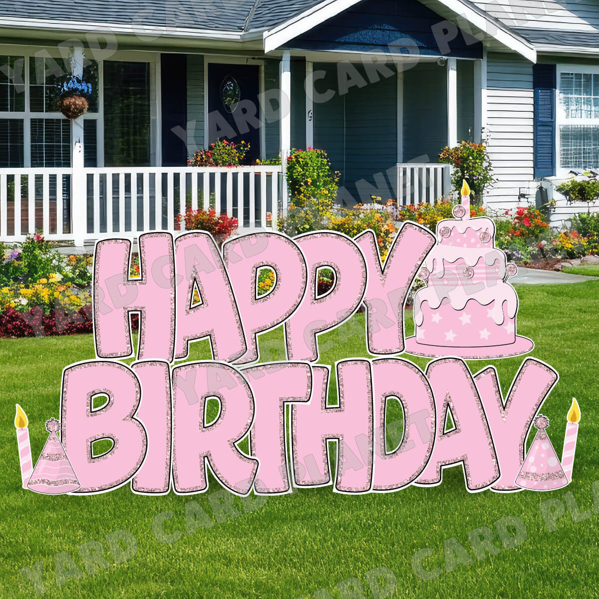 Large 23" Light Pink Happy Birthday Yard Card EZ Quick Sets in Bouncy Bold Font and Birthday Flair