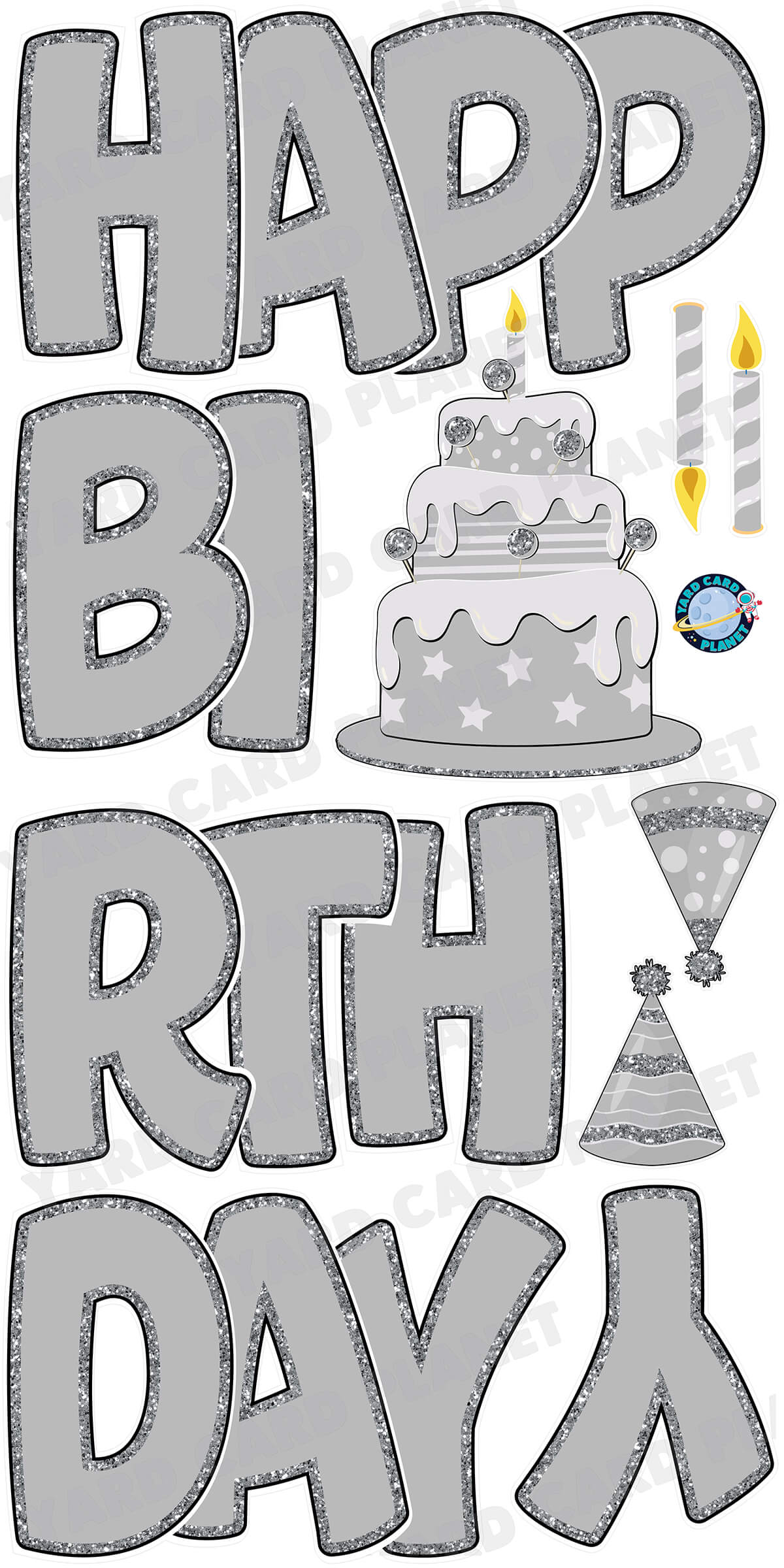 Large 23" Grey Happy Birthday Yard Card EZ Quick Sets in Bouncy Bold Font and Birthday Flair