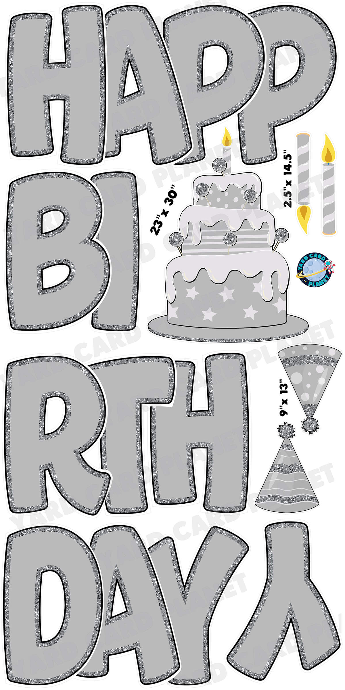 Large 23" Grey Happy Birthday Yard Card EZ Quick Sets in Bouncy Bold Font and Birthday Flair