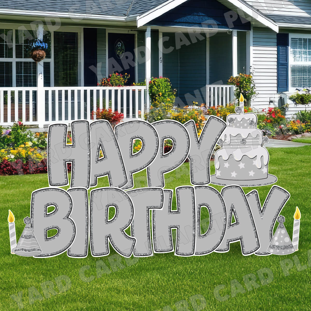 Large 23" Grey Happy Birthday Yard Card EZ Quick Sets in Bouncy Bold Font and Birthday Flair
