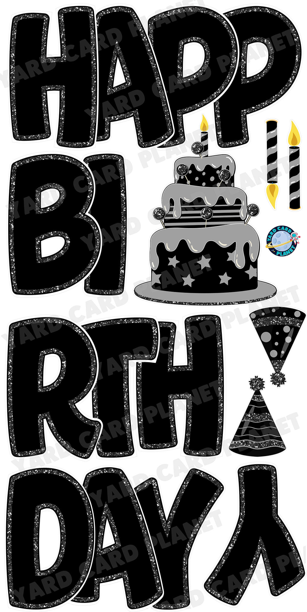 Large 23" Black Happy Birthday Yard Card EZ Quick Sets in Bouncy Bold Font and Birthday Flair