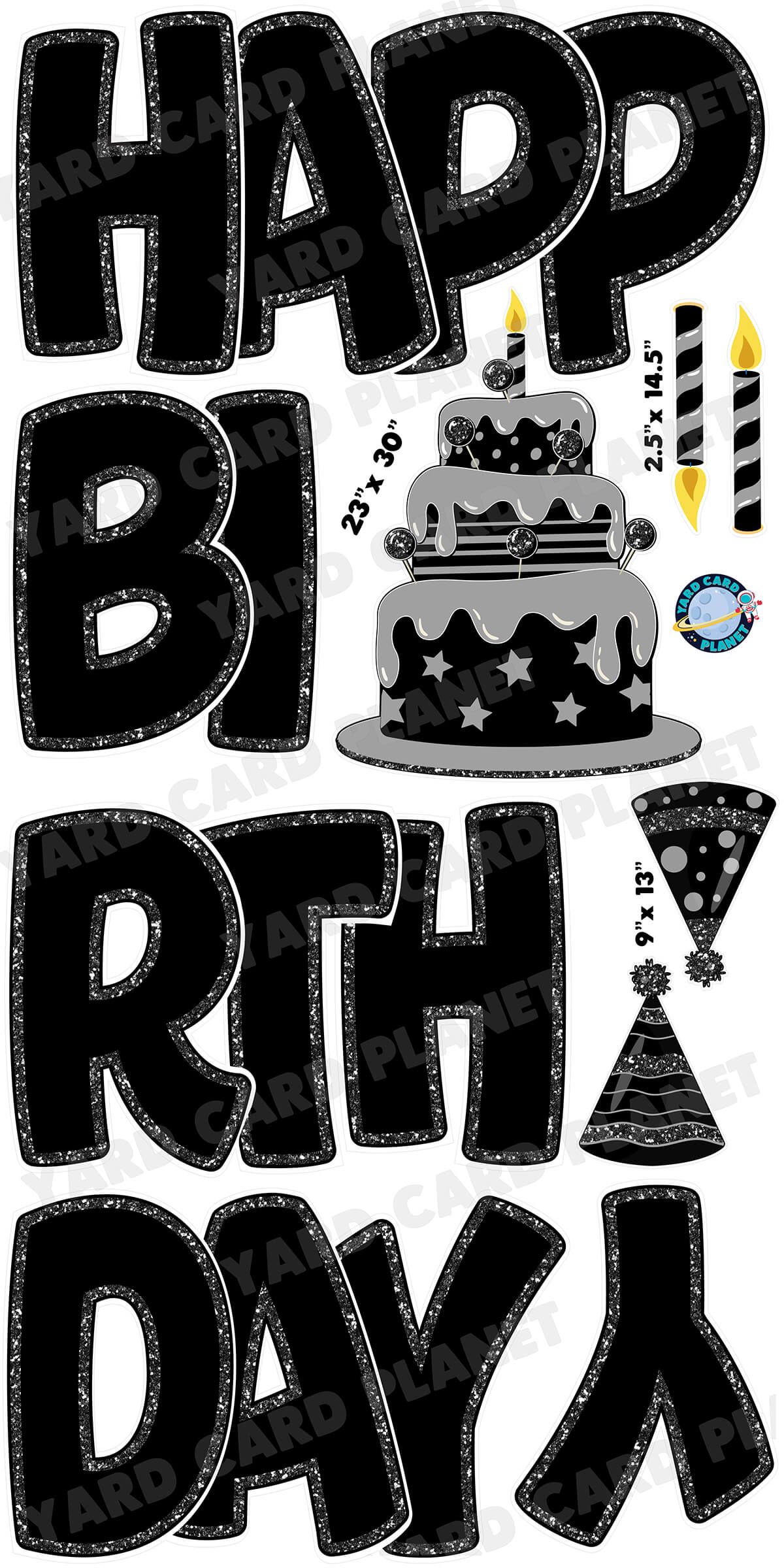 Large 23" Black Happy Birthday Yard Card EZ Quick Sets in Bouncy Bold Font and Birthday Flair