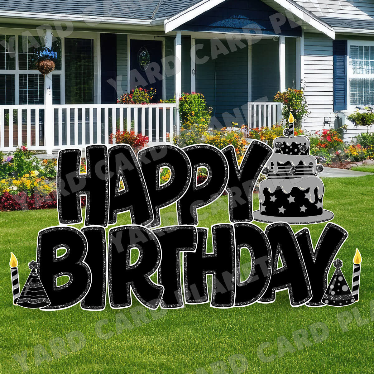 Large 23" Black Happy Birthday Yard Card EZ Quick Sets in Bouncy Bold Font and Birthday Flair
