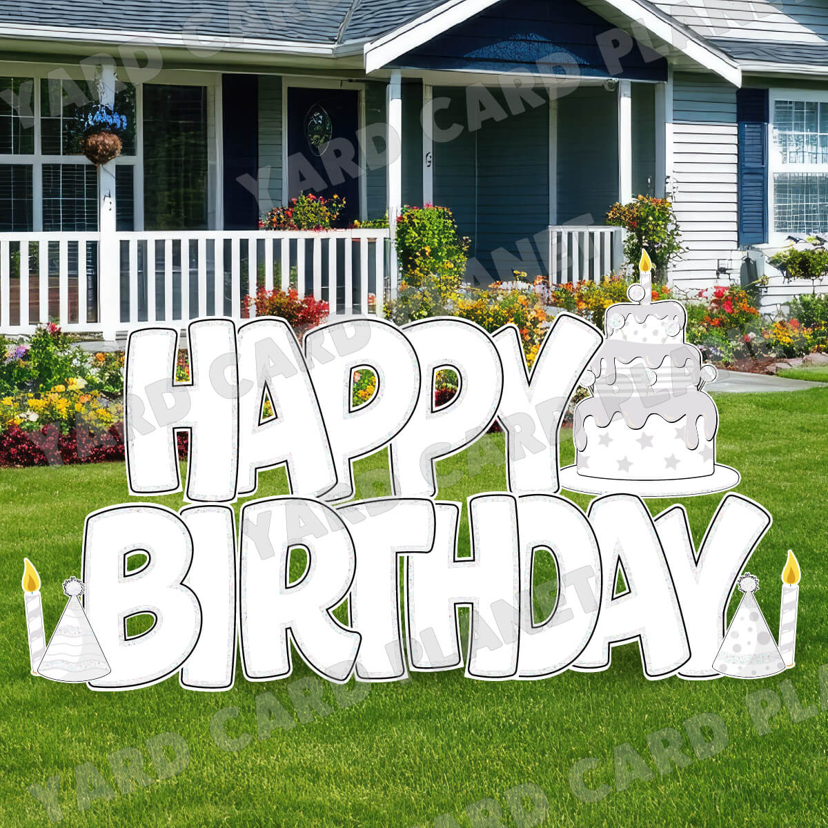 Large 23" White Happy Birthday Yard Card EZ Quick Sets in Bouncy Bold Font and Birthday Flair