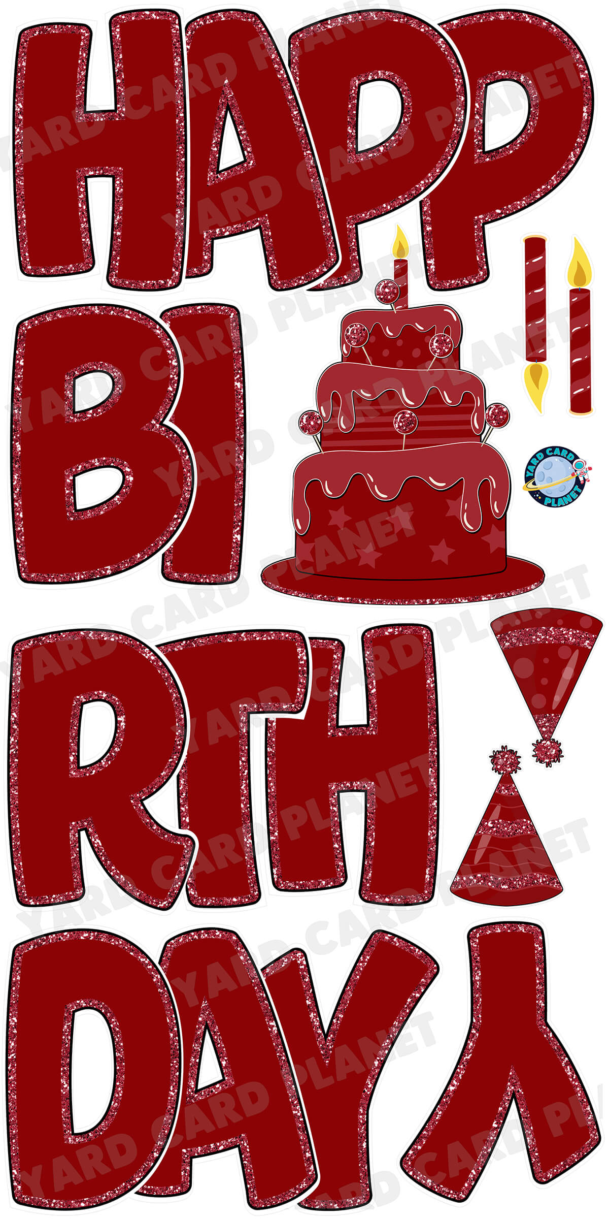 Large 23" Maroon Happy Birthday Yard Card EZ Quick Sets in Bouncy Bold Font and Birthday Flair