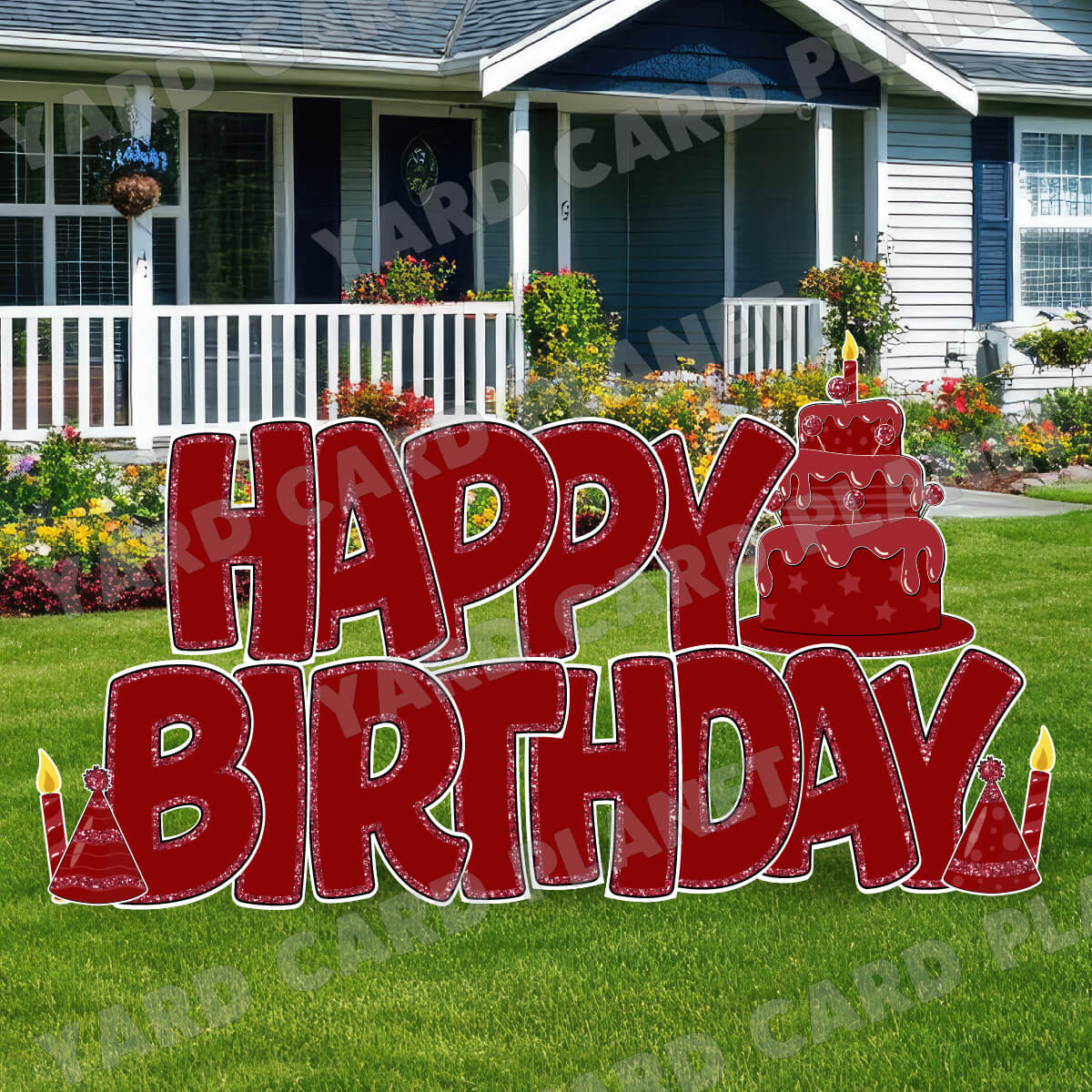 Large 23" Maroon Happy Birthday Yard Card EZ Quick Sets in Bouncy Bold Font and Birthday Flair