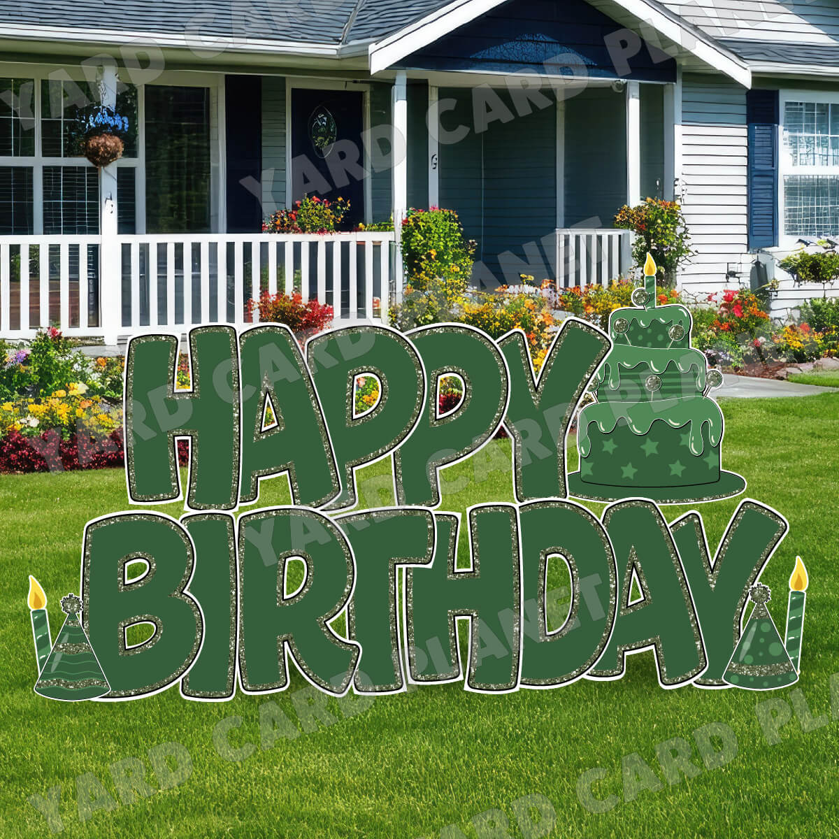 Large 23" Hunter Green Happy Birthday Yard Card EZ Quick Sets in Bouncy Bold Font and Birthday Flair