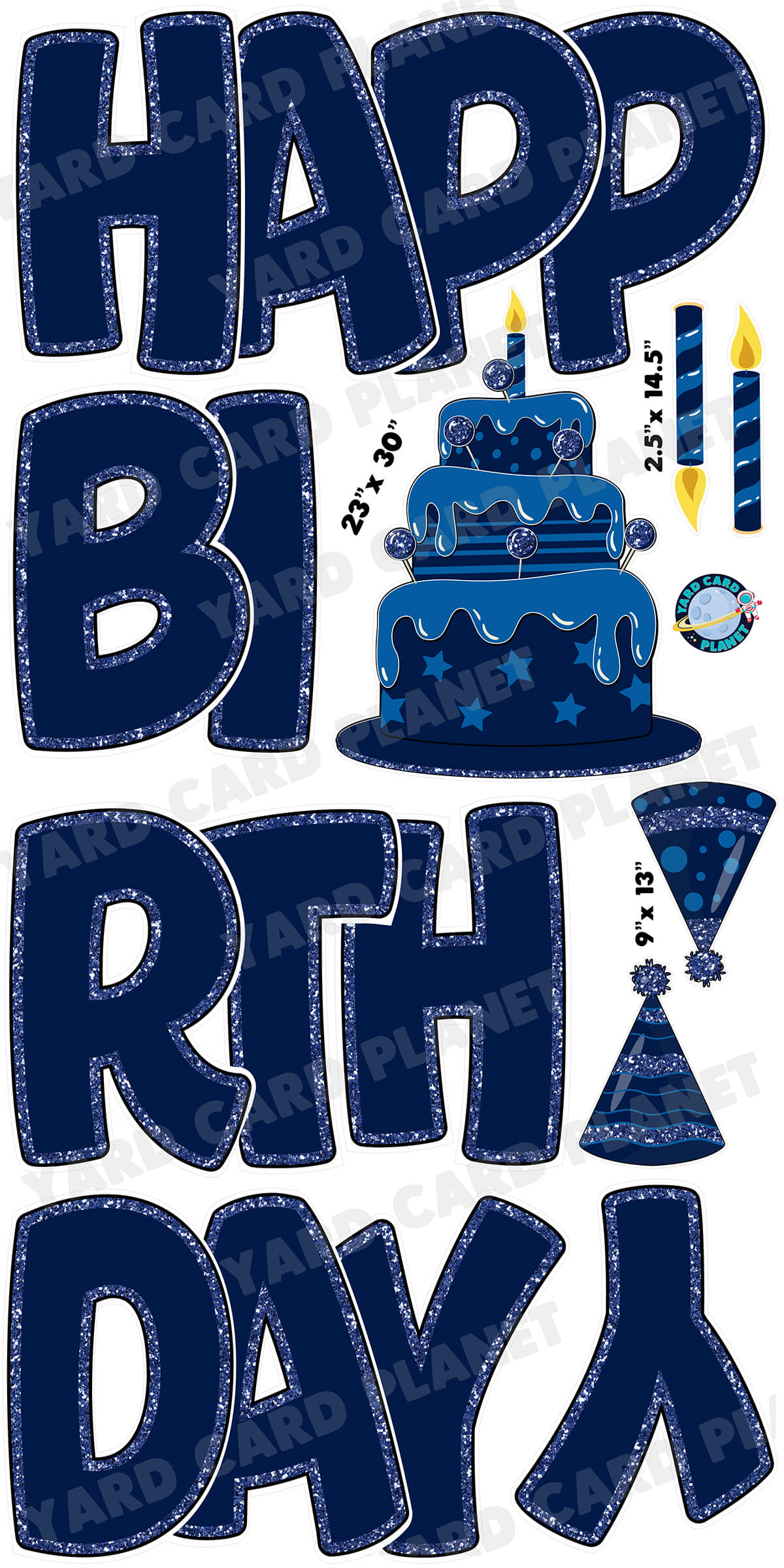 Large 23" Navy Blue Happy Birthday Yard Card EZ Quick Sets in Bouncy Bold Font and Birthday Flair