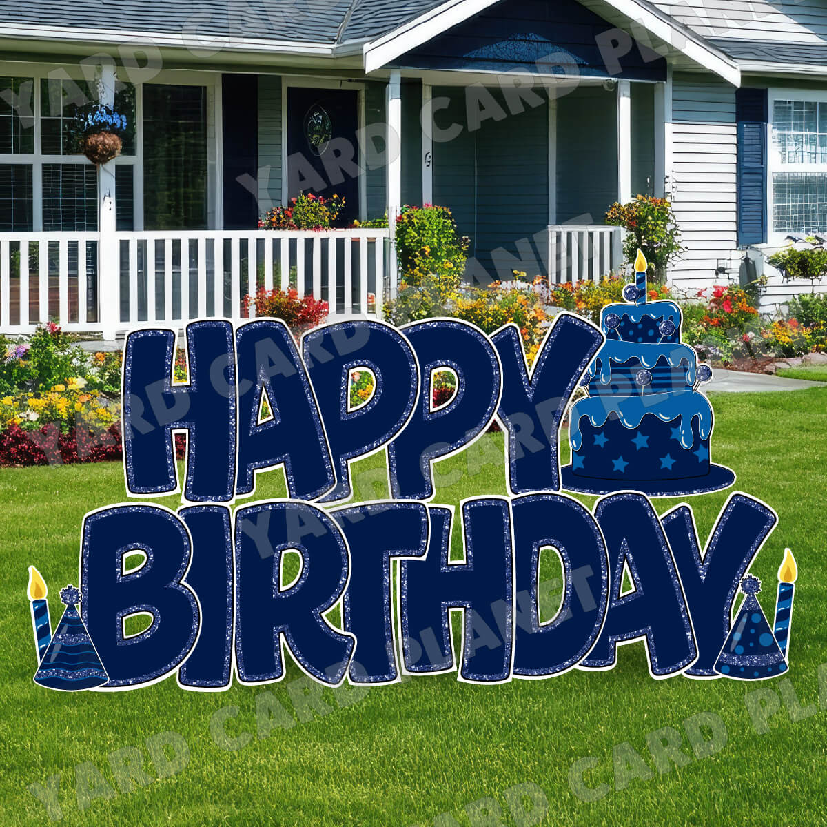 Large 23" Navy Blue Happy Birthday Yard Card EZ Quick Sets in Bouncy Bold Font and Birthday Flair