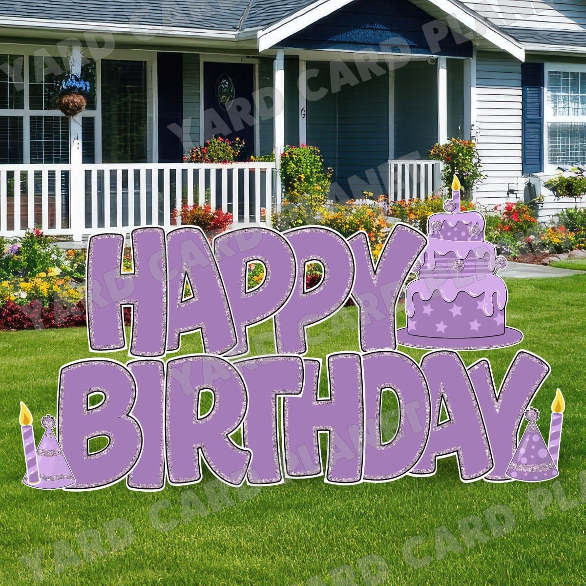 Large 23" Light Purple Happy Birthday Yard Card EZ Quick Sets in Bouncy Bold Font and Birthday Flair