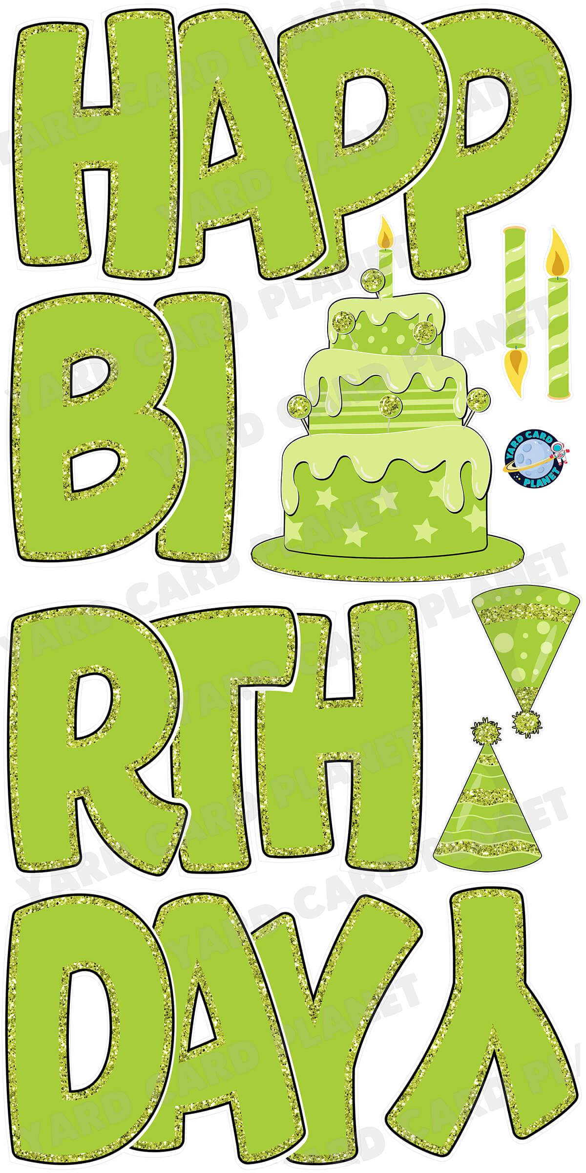 Large 23" Lime Green Happy Birthday Yard Card EZ Quick Sets in Bouncy Bold Font and Birthday Flair