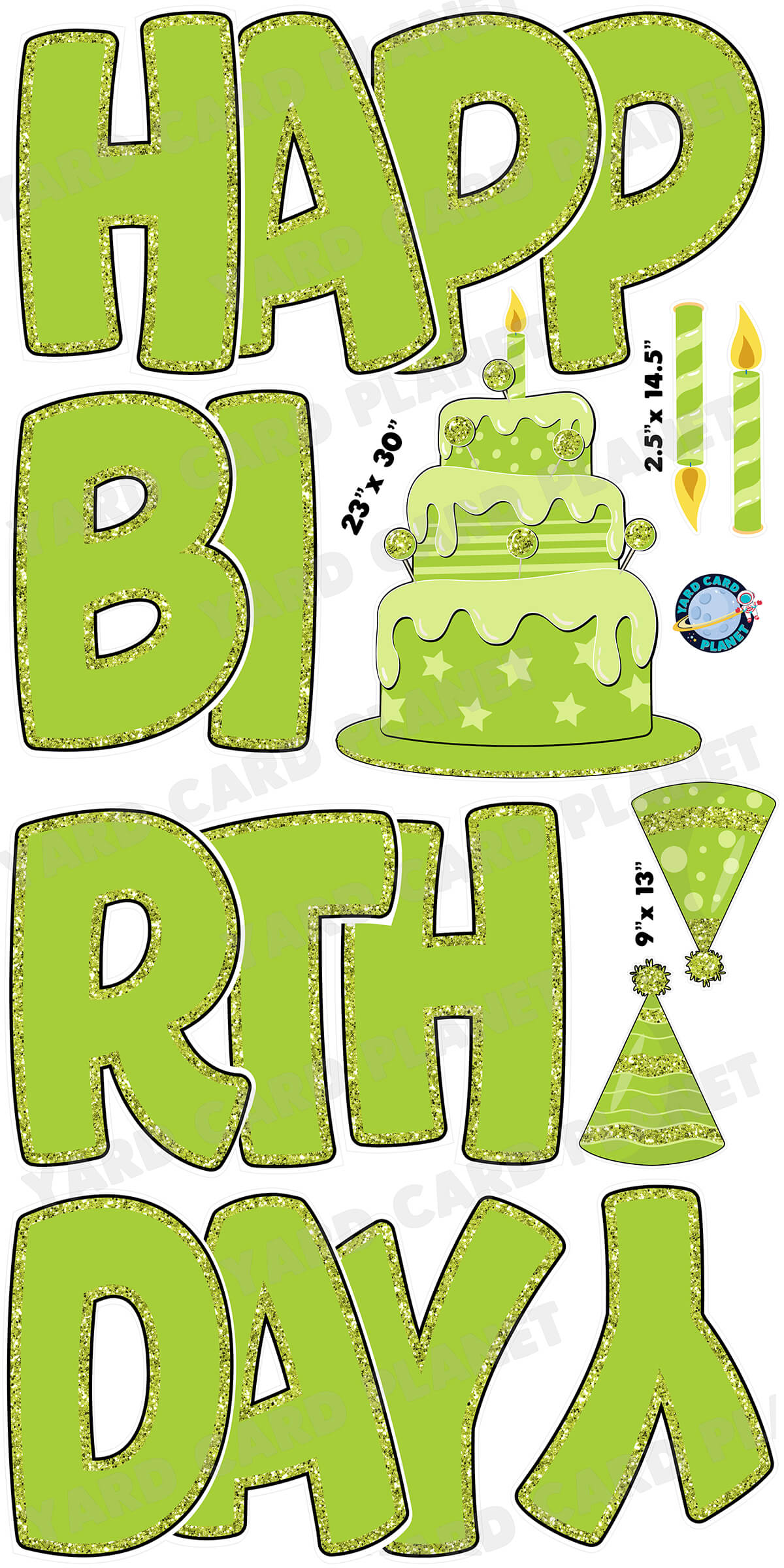 Large 23" Lime Green Happy Birthday Yard Card EZ Quick Sets in Bouncy Bold Font and Birthday Flair